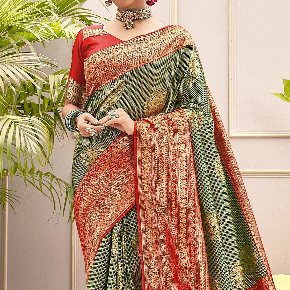 Green Woven Pure Silk Saree With Tassels - Peachmode