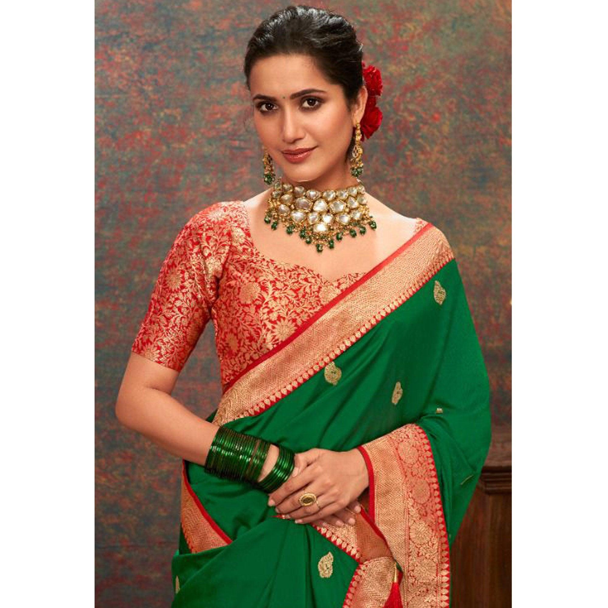Green Woven Pure Silk Saree With Tassels - Peachmode