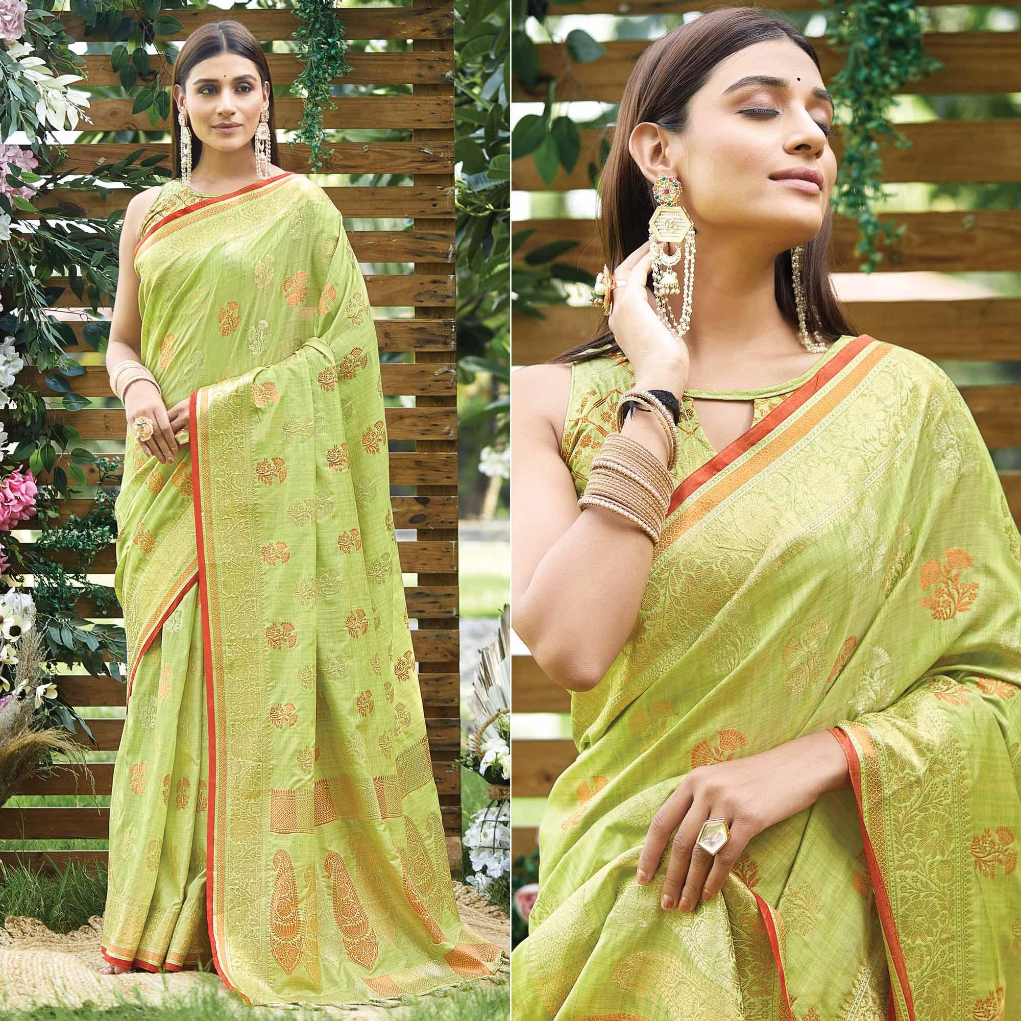 Green Woven Raw Silk Saree With Tassels - Peachmode
