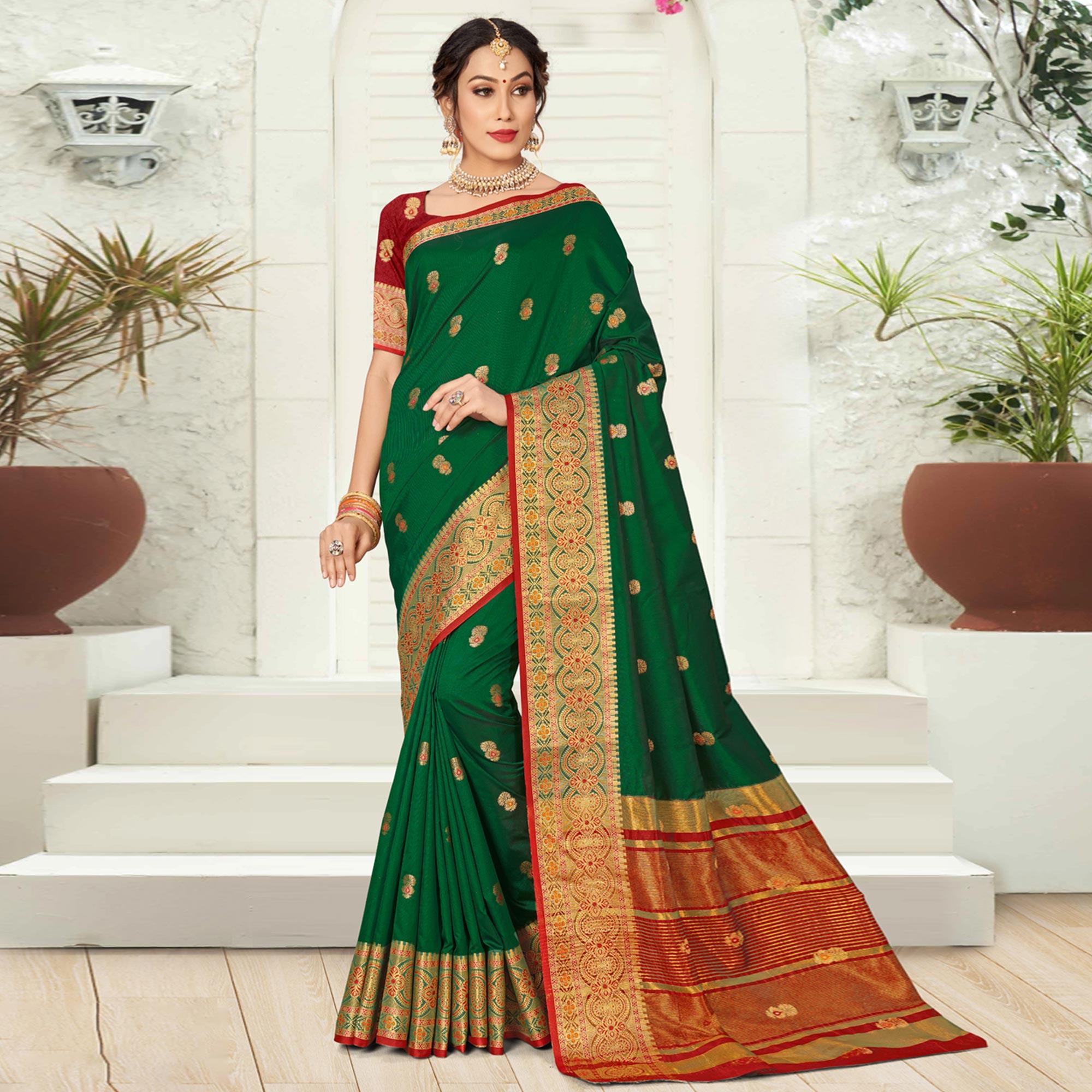 Green Woven Silk Saree - Peachmode