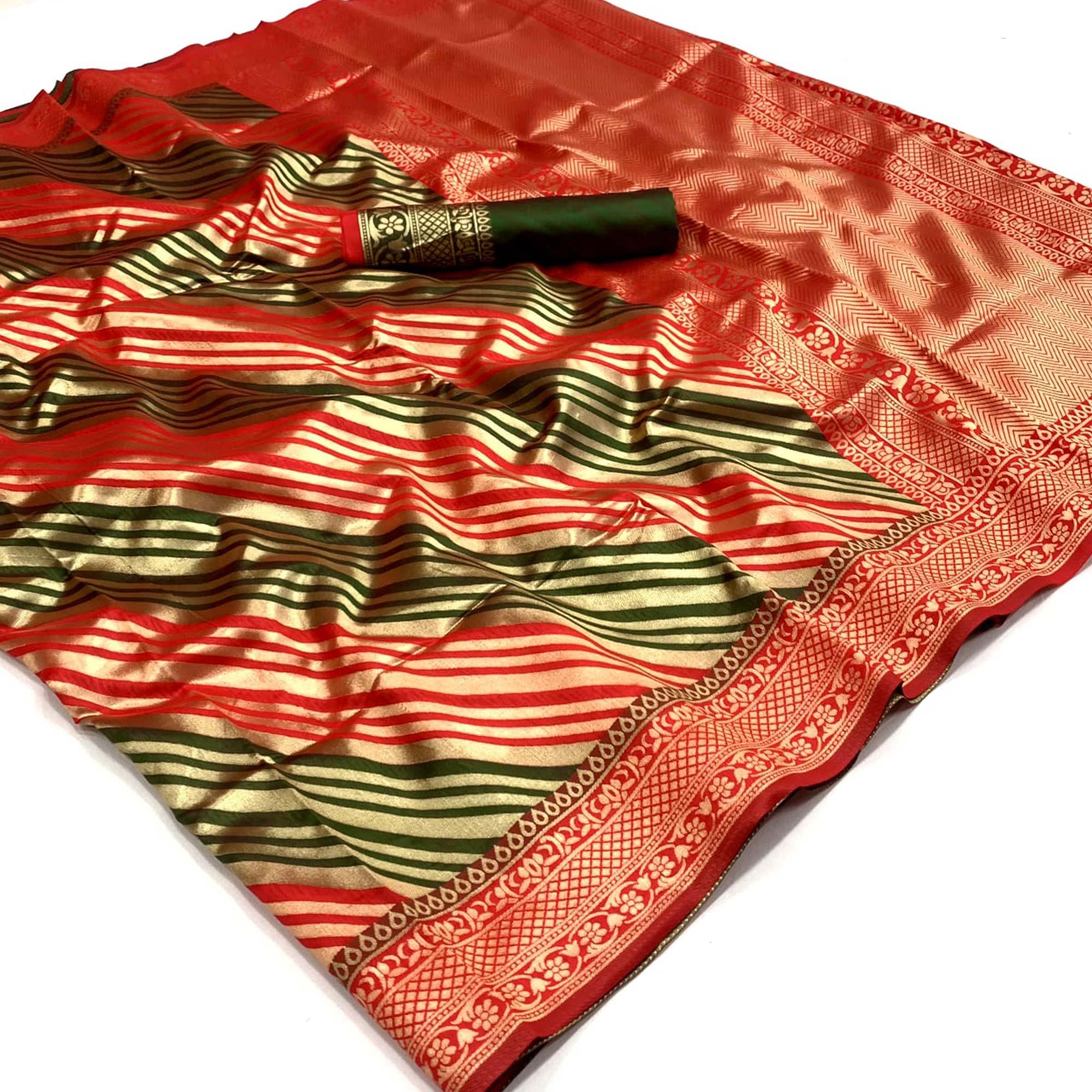 Green Woven Silk Saree - Peachmode
