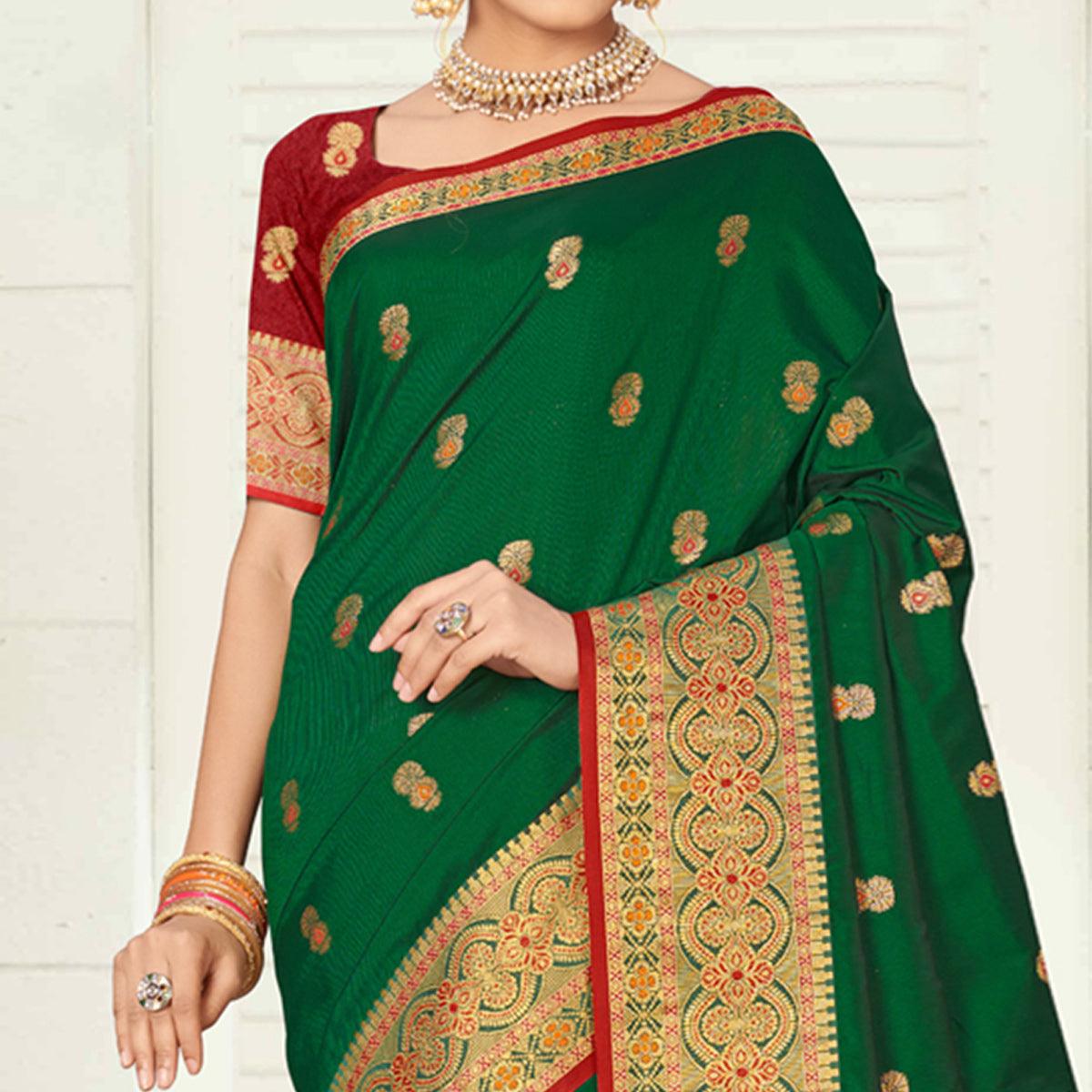 Green Woven Silk Saree - Peachmode