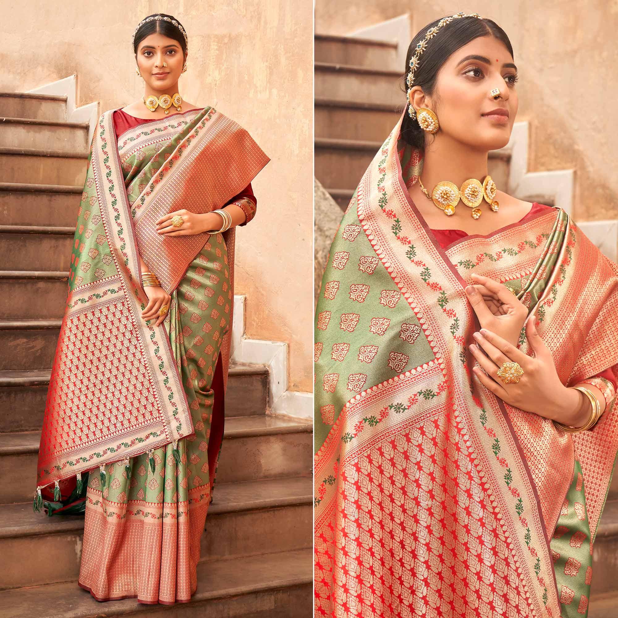 Green Woven Silk Saree With Tassels - Peachmode