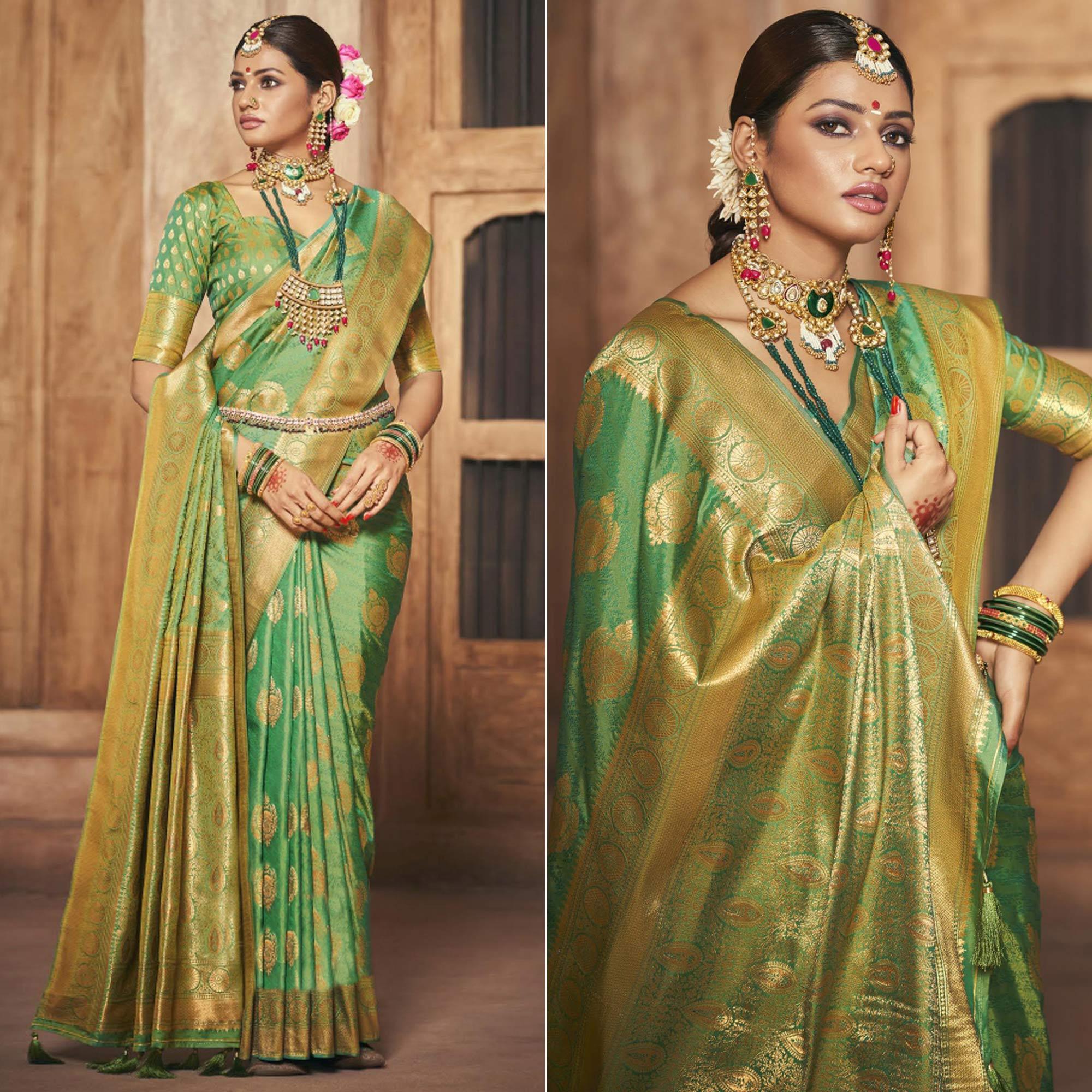 Green Woven Silk Saree With Tassels - Peachmode