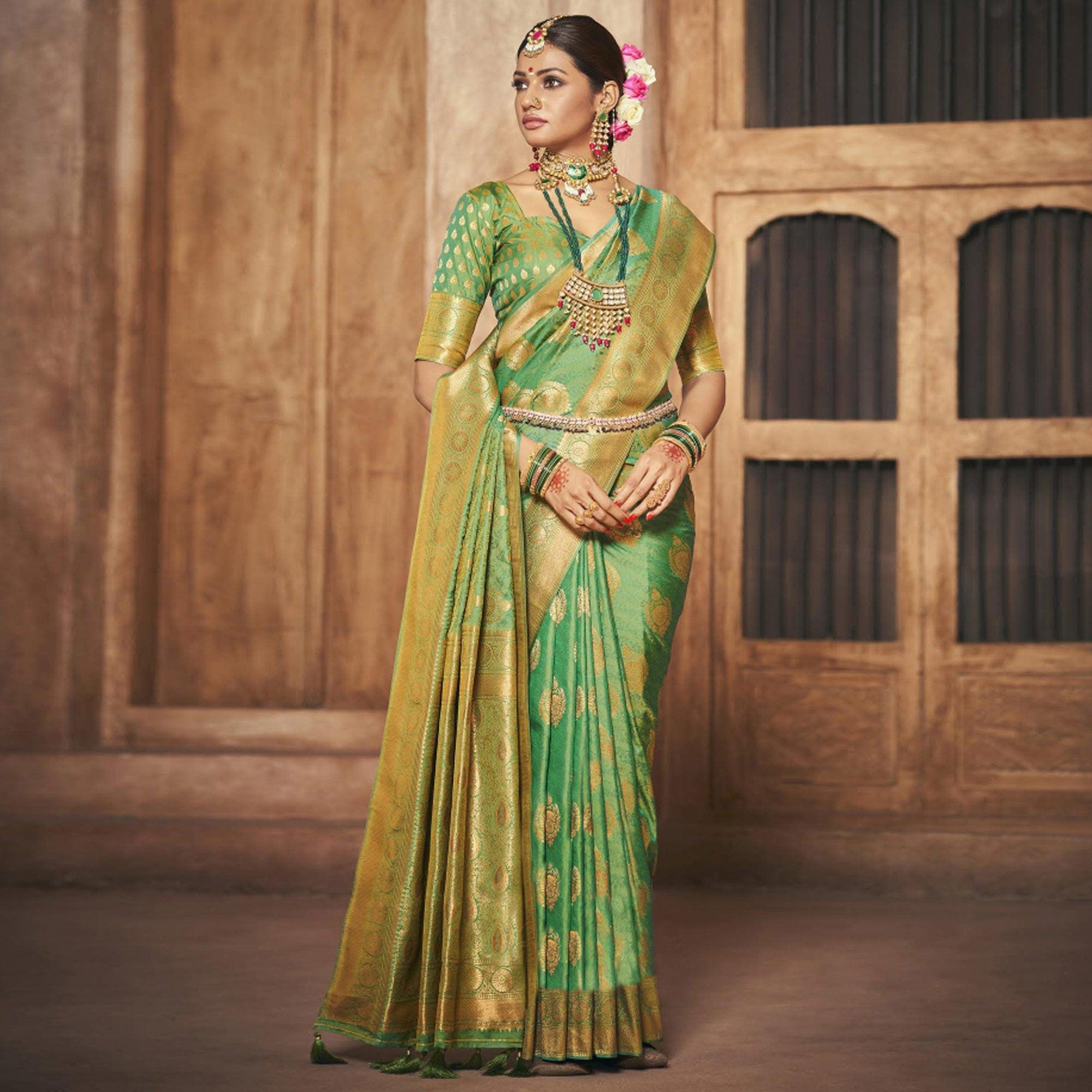 Green Woven Silk Saree With Tassels - Peachmode