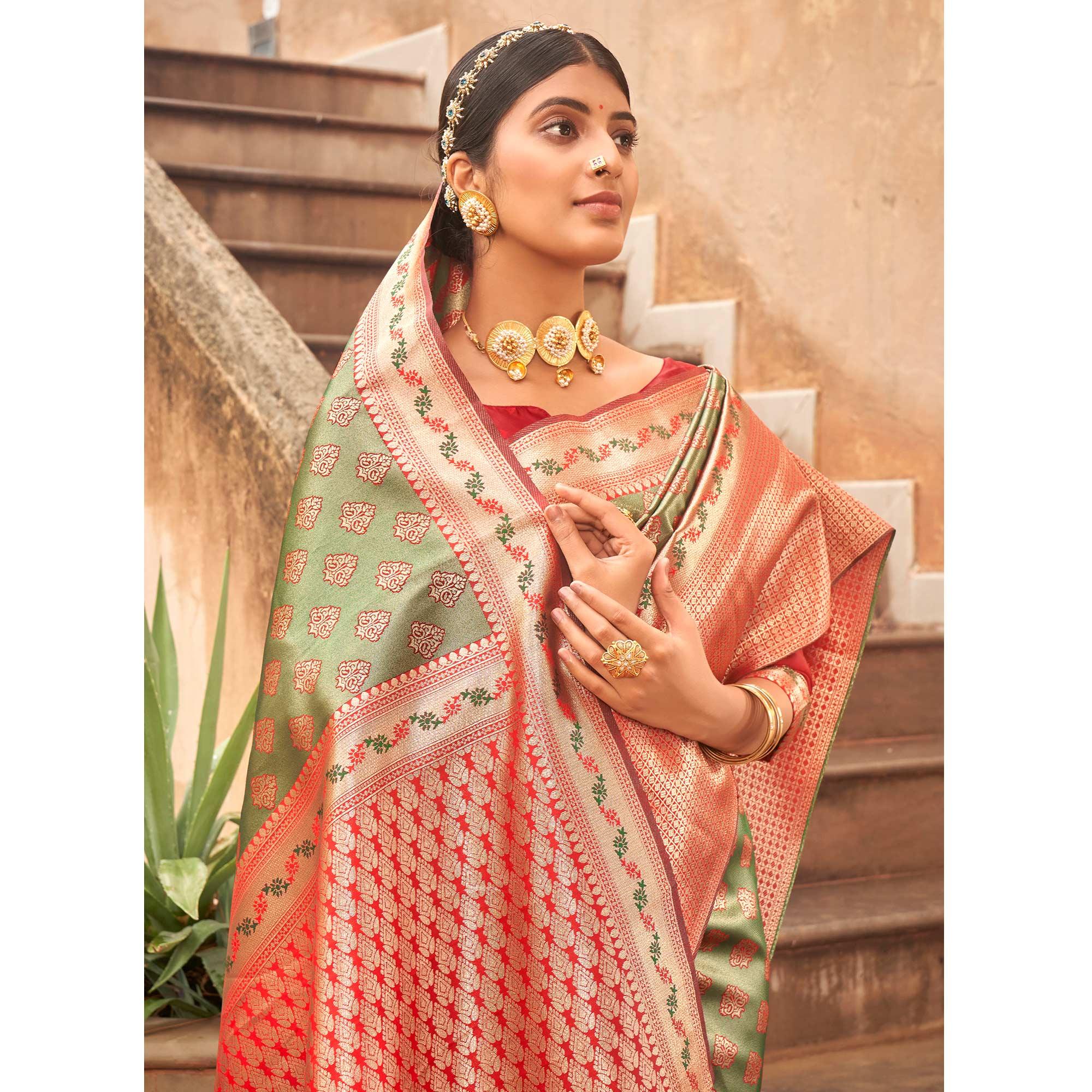 Green Woven Silk Saree With Tassels - Peachmode