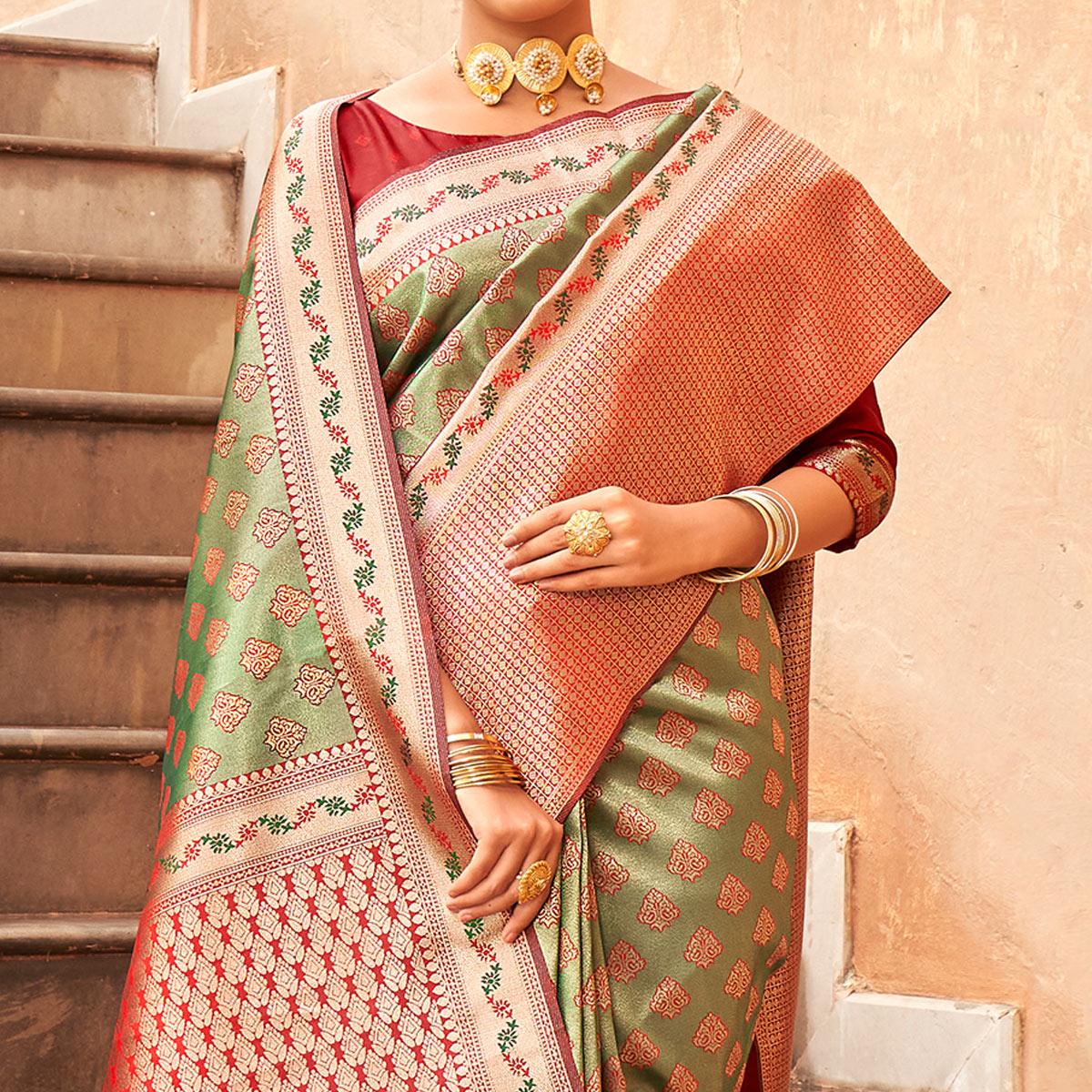 Green Woven Silk Saree With Tassels - Peachmode