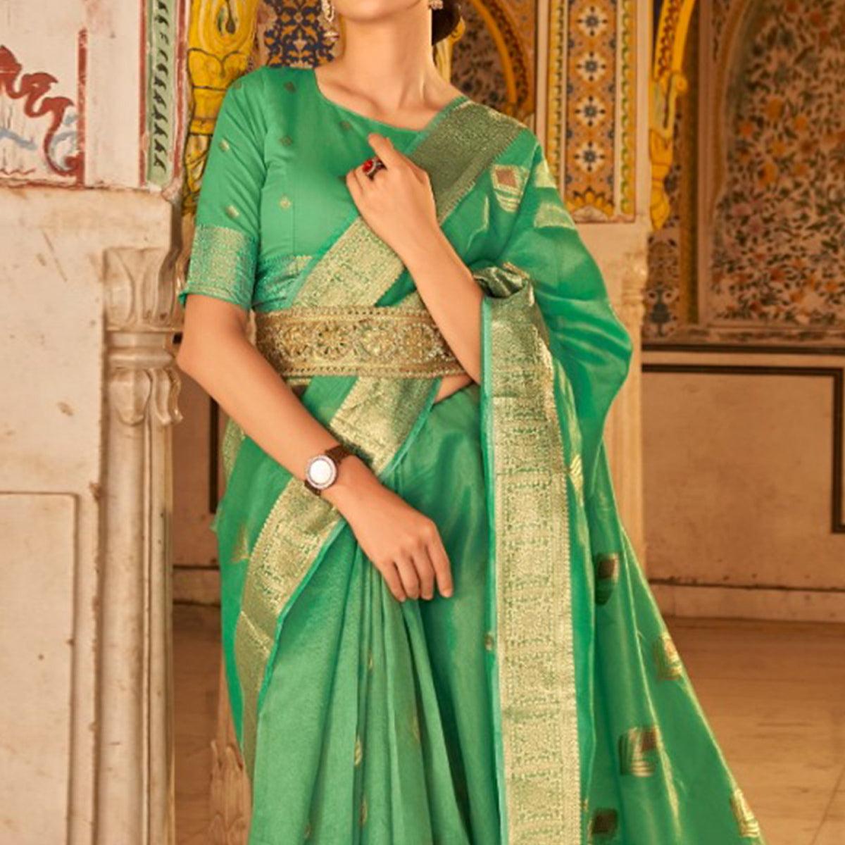 Green Woven Tissue Silk Saree - Peachmode