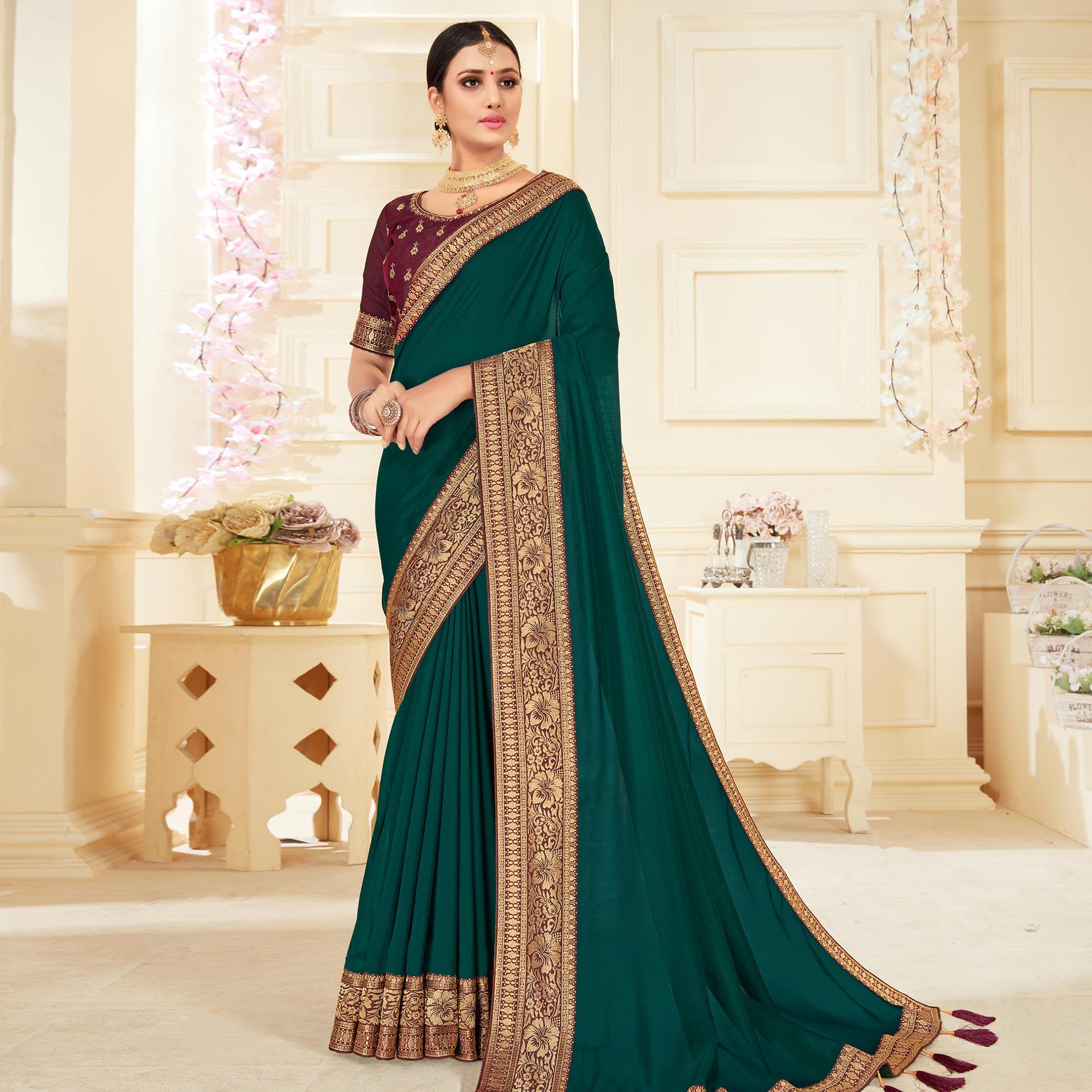 Green Woven Vichitra Silk Saree - Peachmode