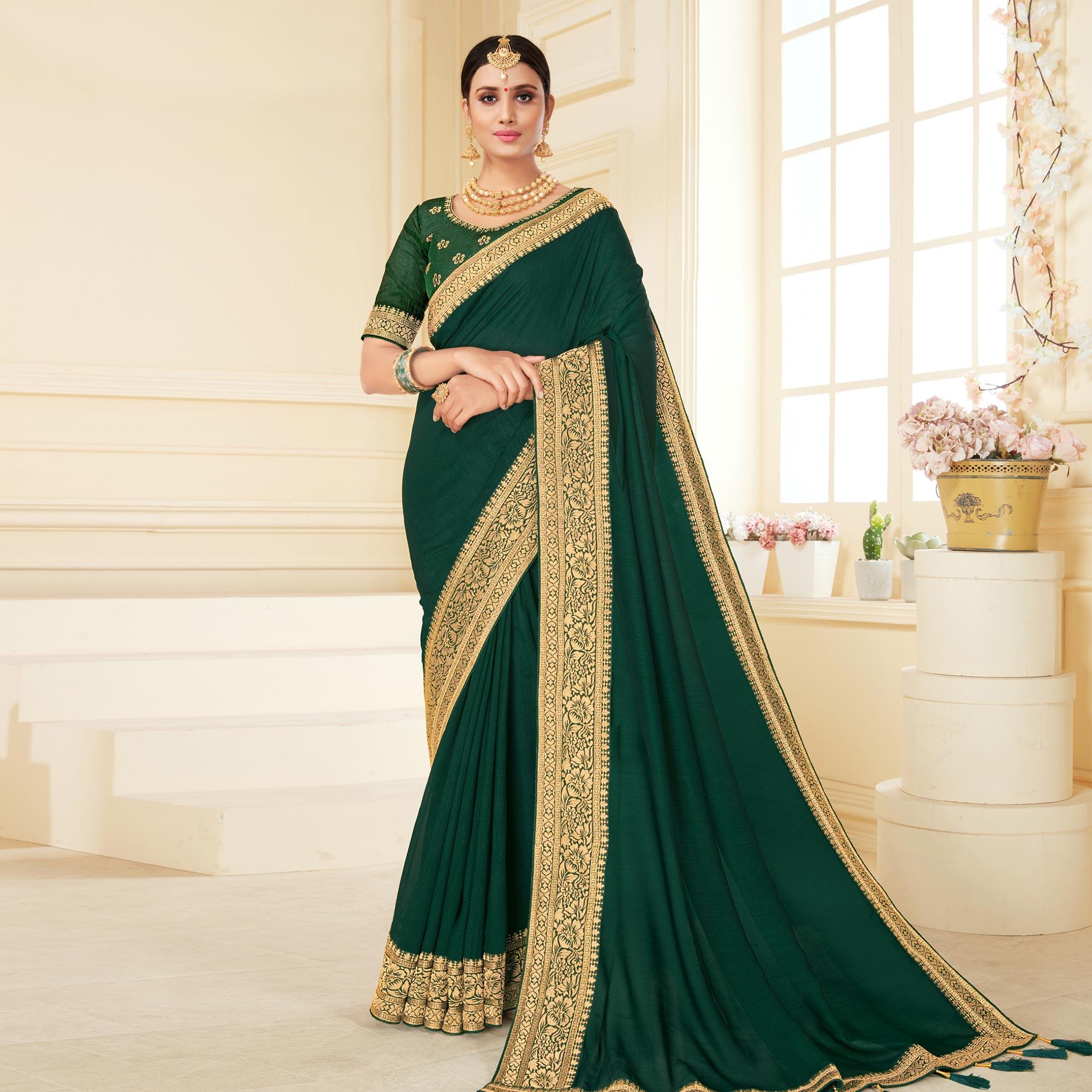 Green Woven Vichitra Silk Saree - Peachmode