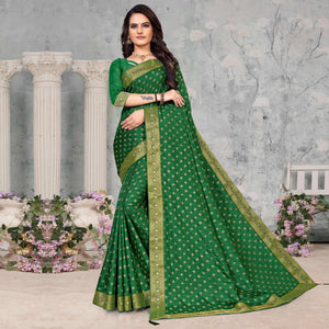 Green Woven Vichitra Silk Saree - Peachmode