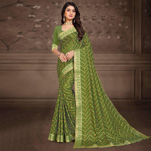 Green Woven Vichitra Silk Saree - Peachmode