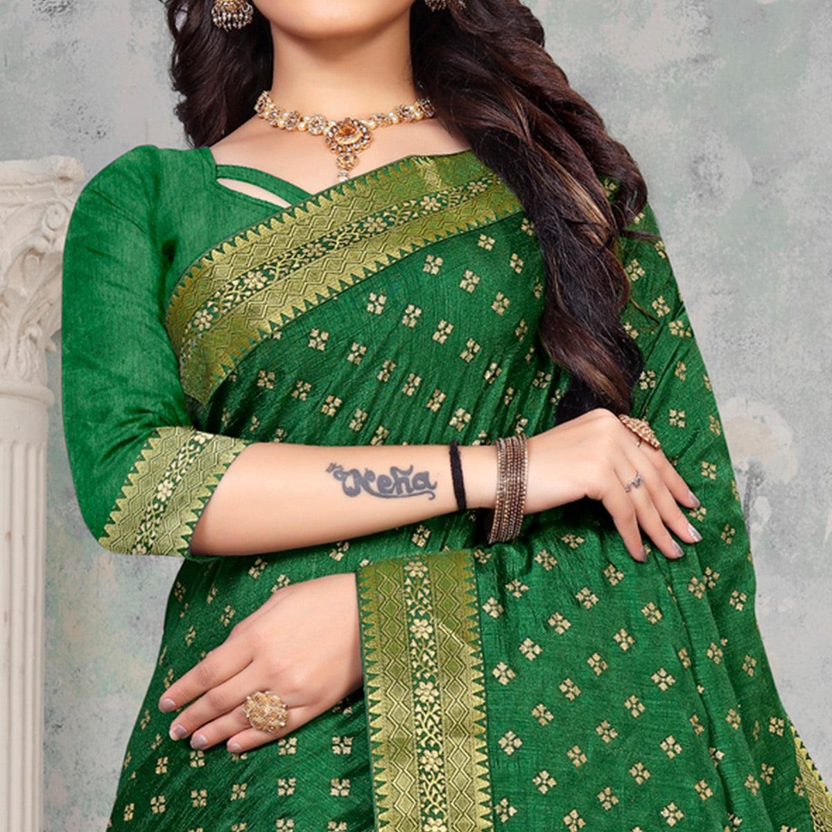 Green Woven Vichitra Silk Saree - Peachmode