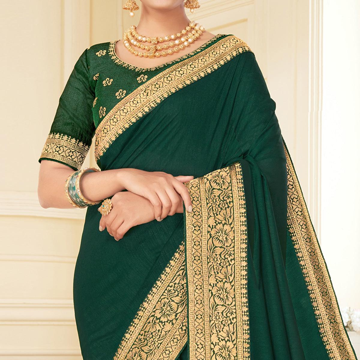Green Woven Vichitra Silk Saree - Peachmode