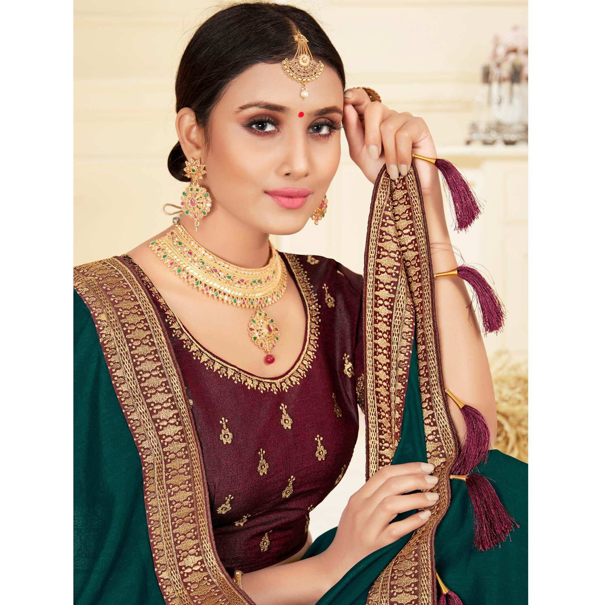 Green Woven Vichitra Silk Saree - Peachmode