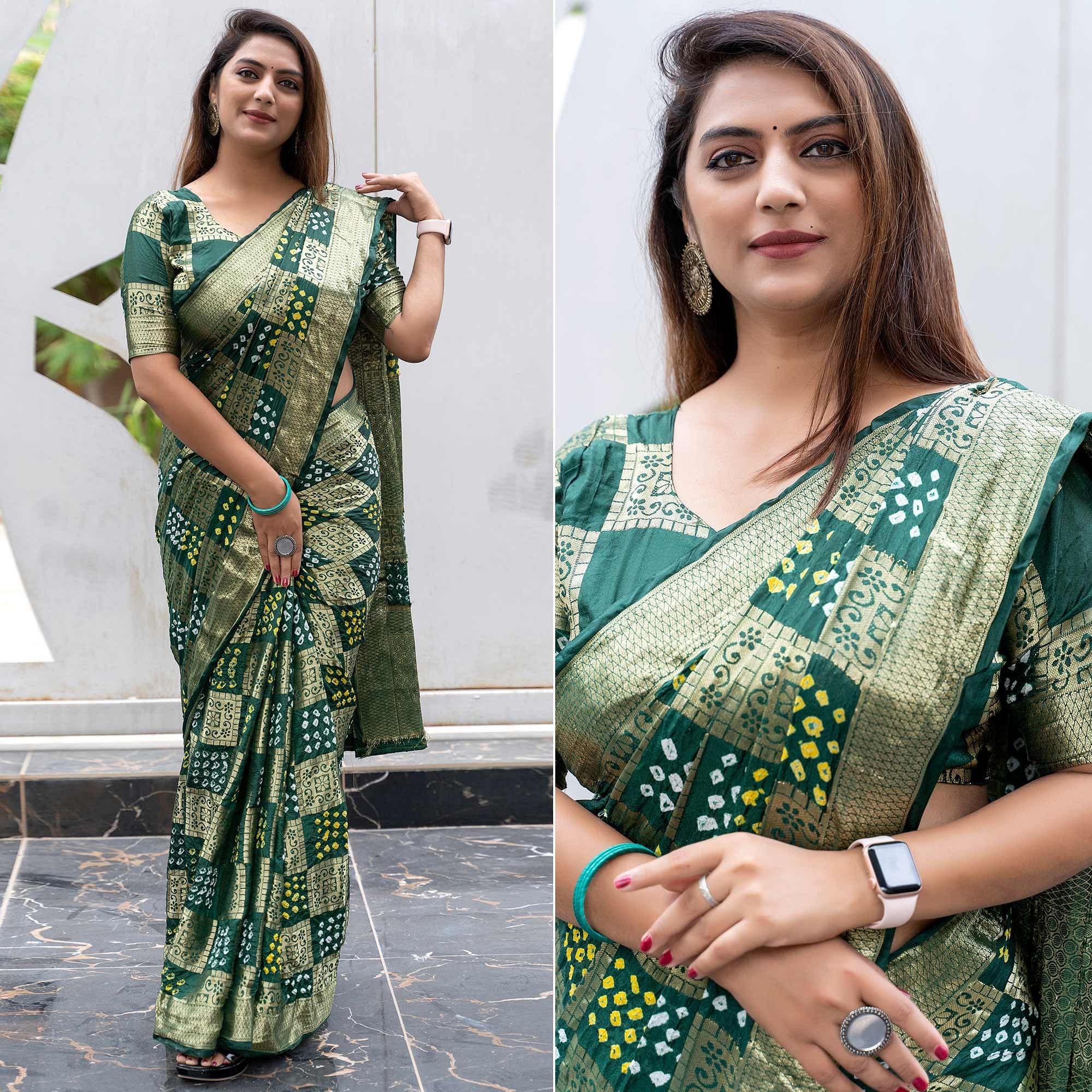 Green Woven With Bandhani Printed Art Silk Saree - Peachmode