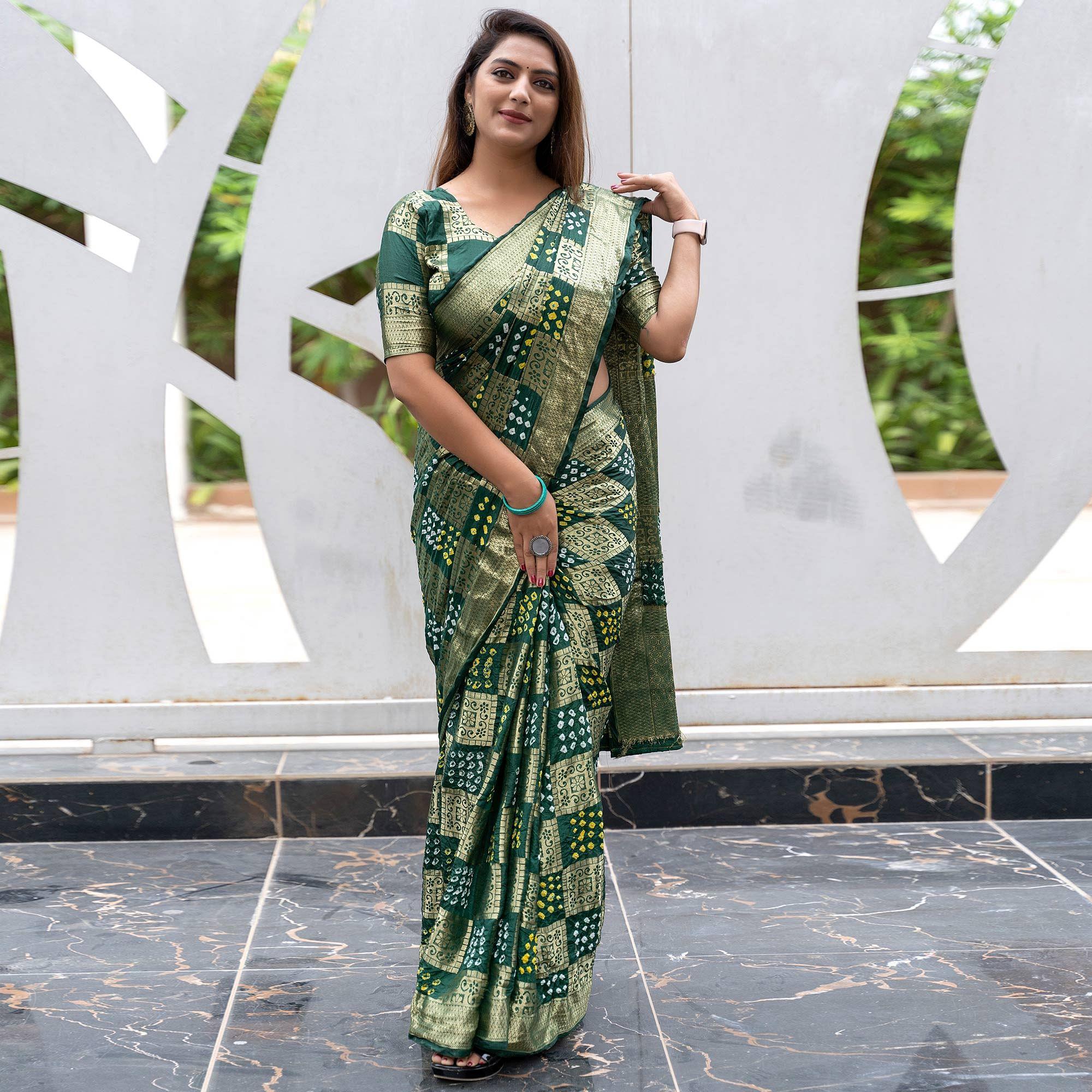 Green Woven With Bandhani Printed Art Silk Saree - Peachmode