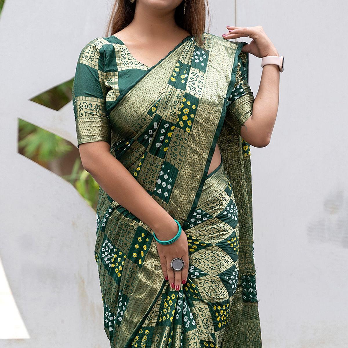 Green Woven With Bandhani Printed Art Silk Saree - Peachmode