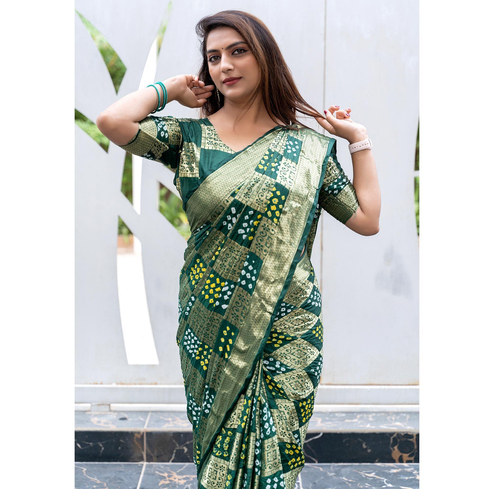 Green Woven With Bandhani Printed Art Silk Saree - Peachmode