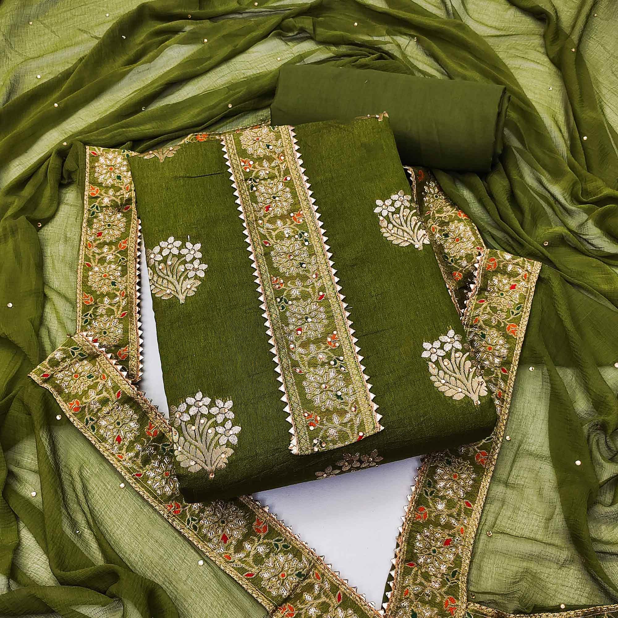 Green Woven With Embellished Jacquard Dress Material - Peachmode