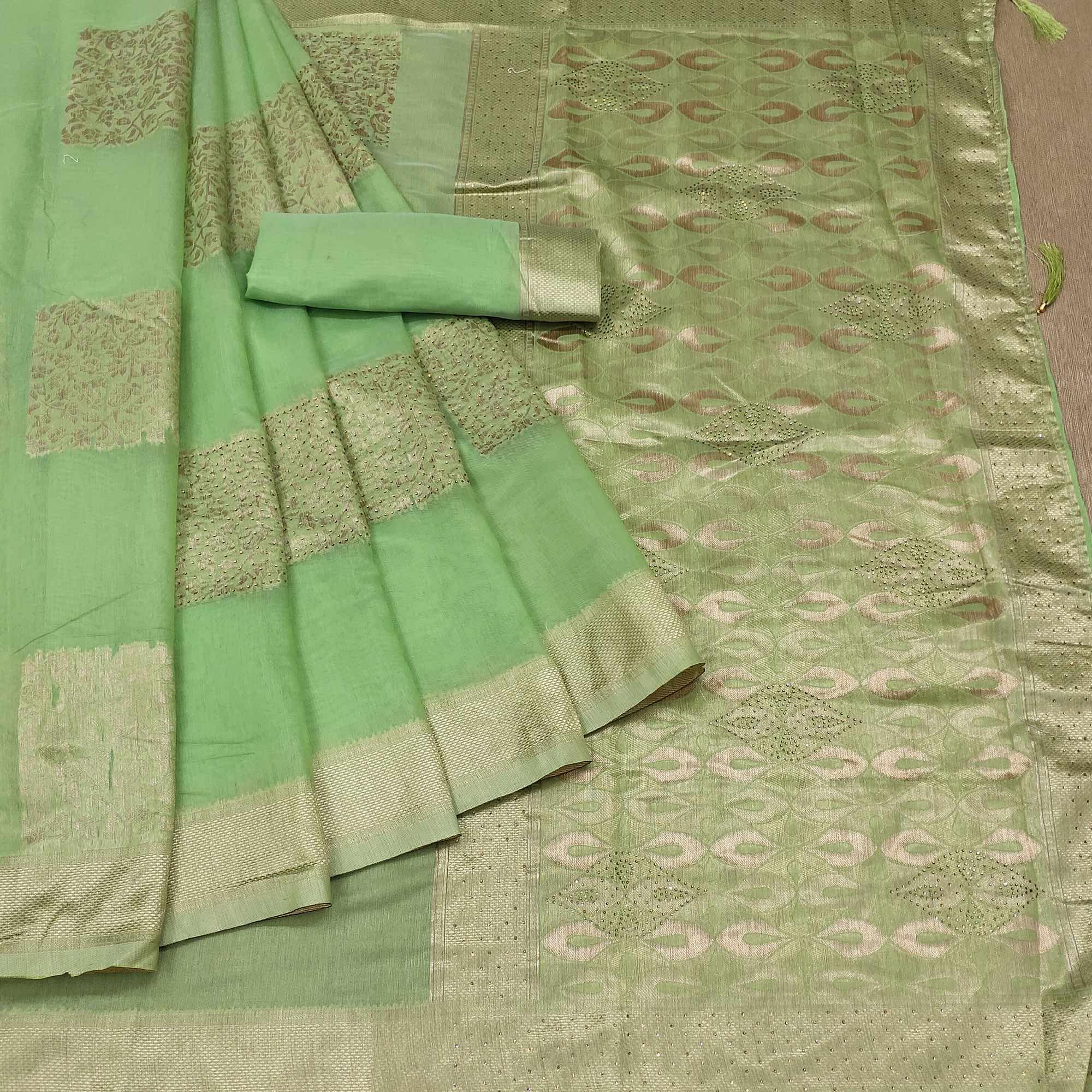 Green Woven With Embellished Pure Cotton Saree - Peachmode