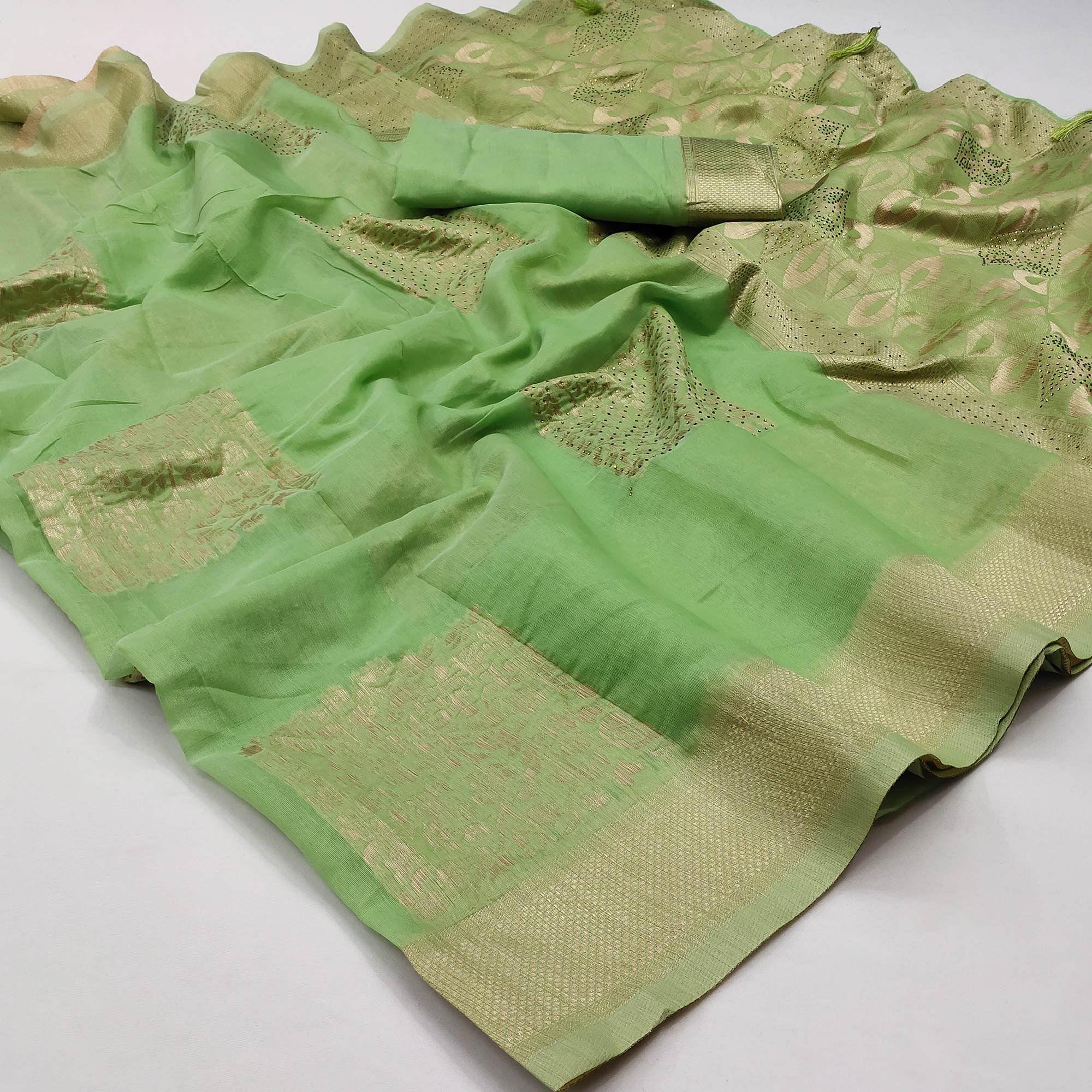 Green Woven With Embellished Pure Cotton Saree - Peachmode