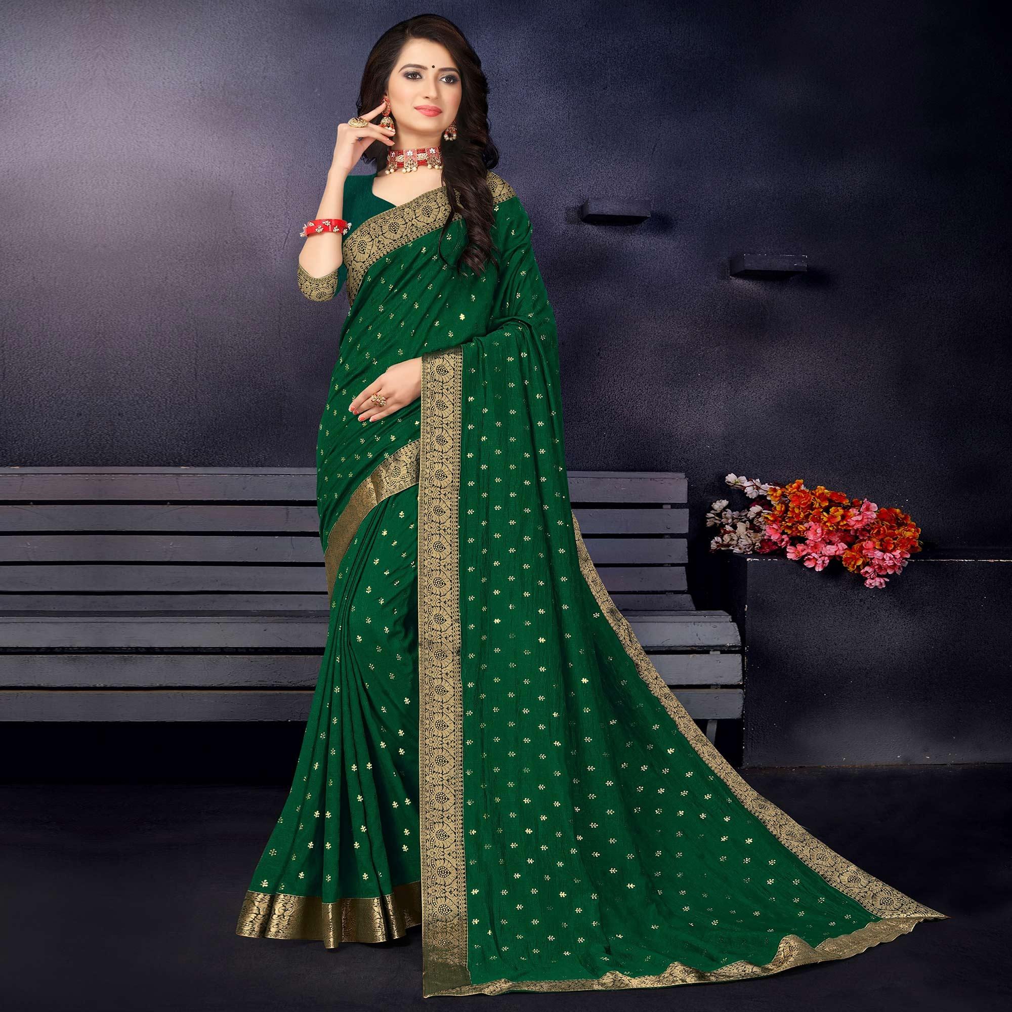Green Woven With Fancy Border Vichitra Silk Saree - Peachmode