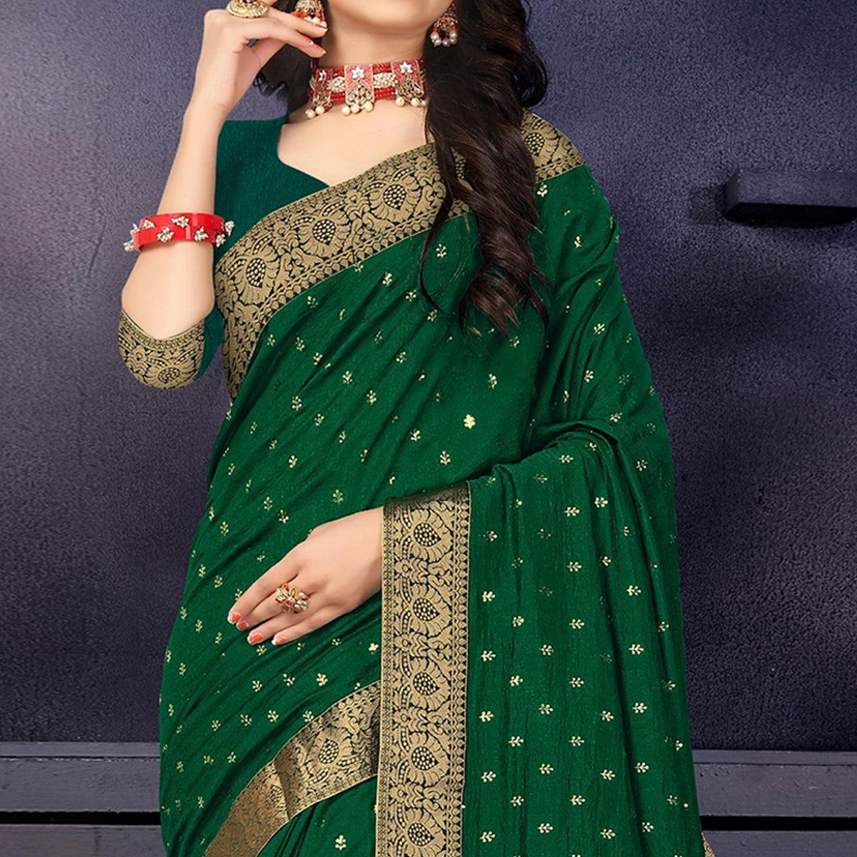 Green Woven With Fancy Border Vichitra Silk Saree - Peachmode