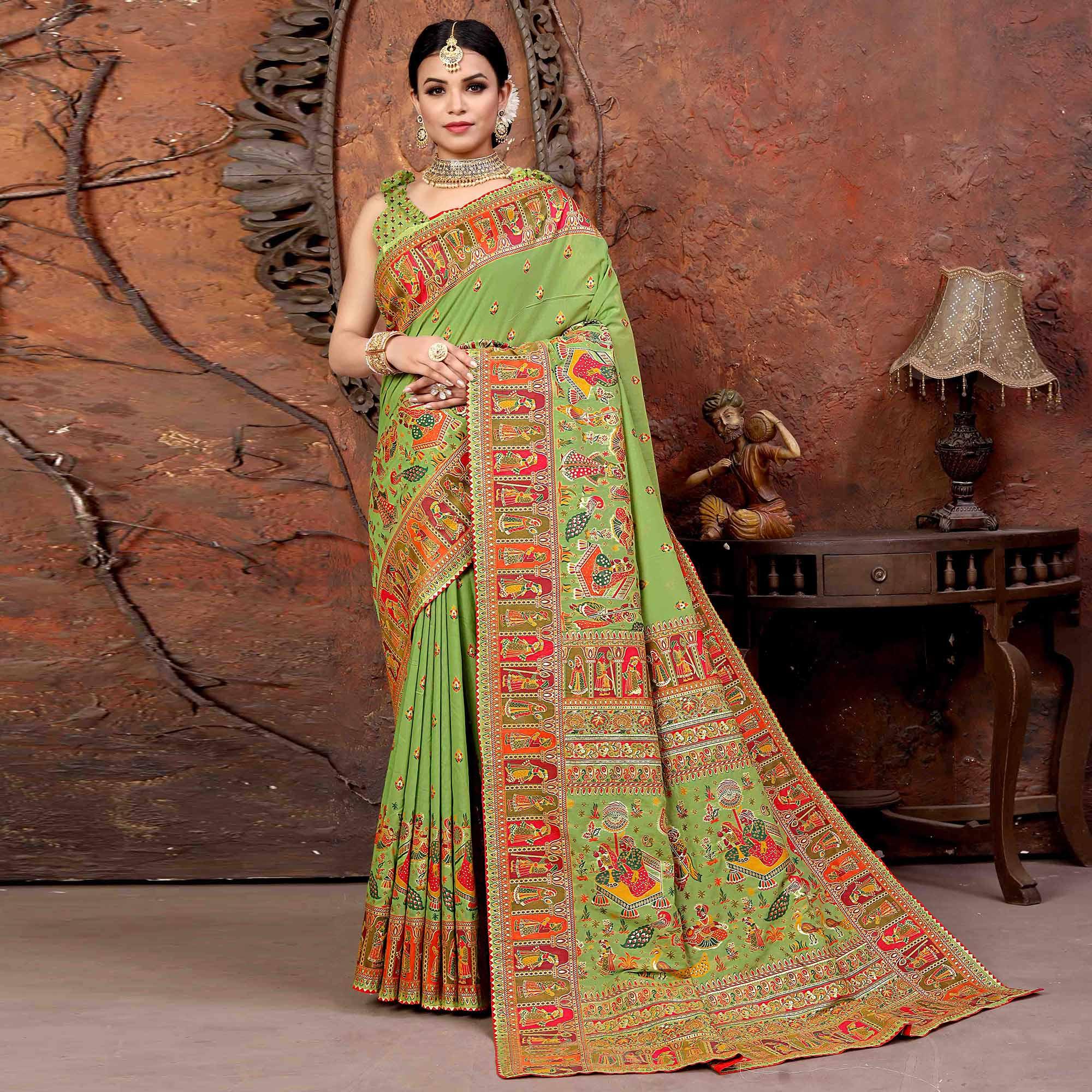 Green Woven With Gota Patti Border Chanderi Saree - Peachmode