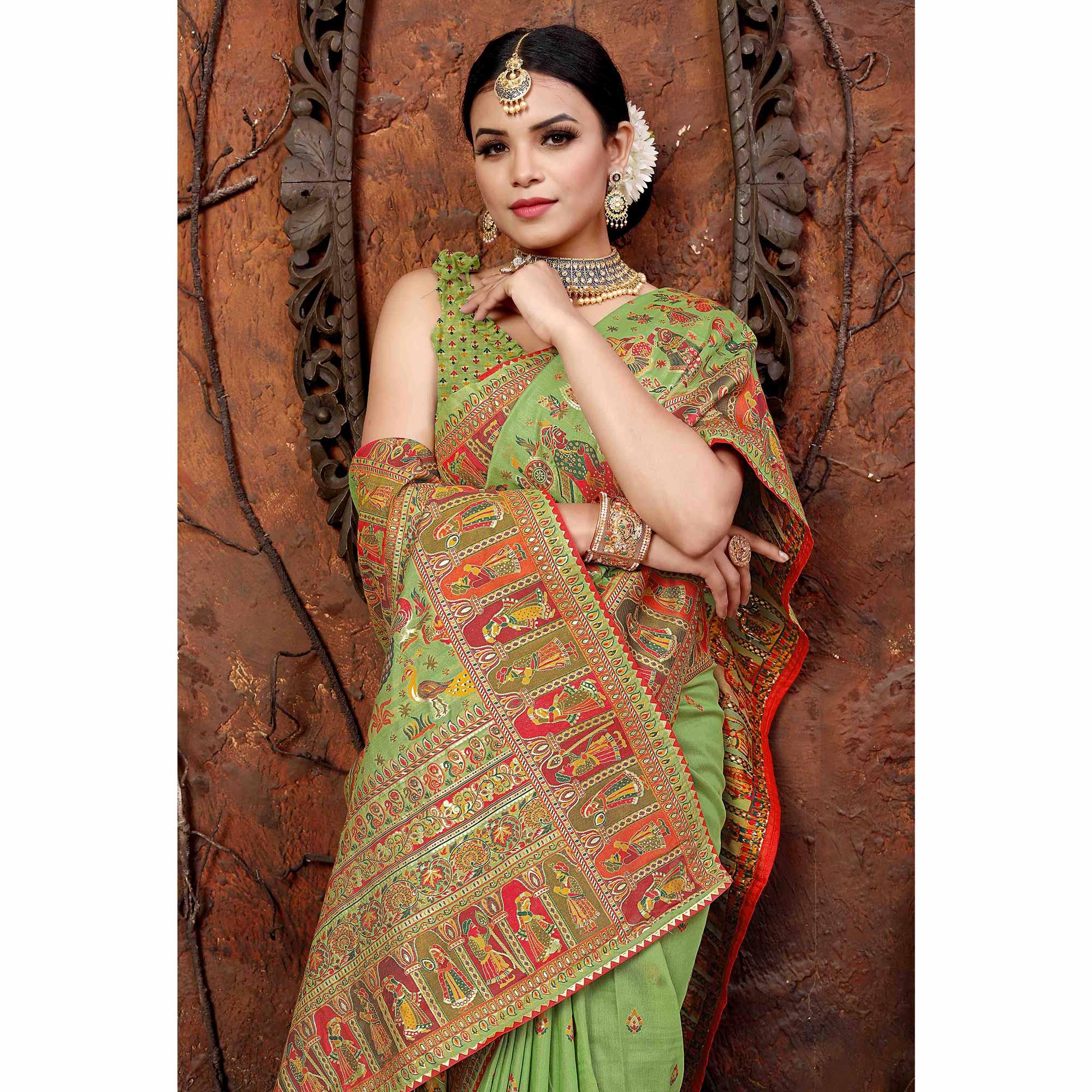 Green Woven With Gota Patti Border Chanderi Saree - Peachmode