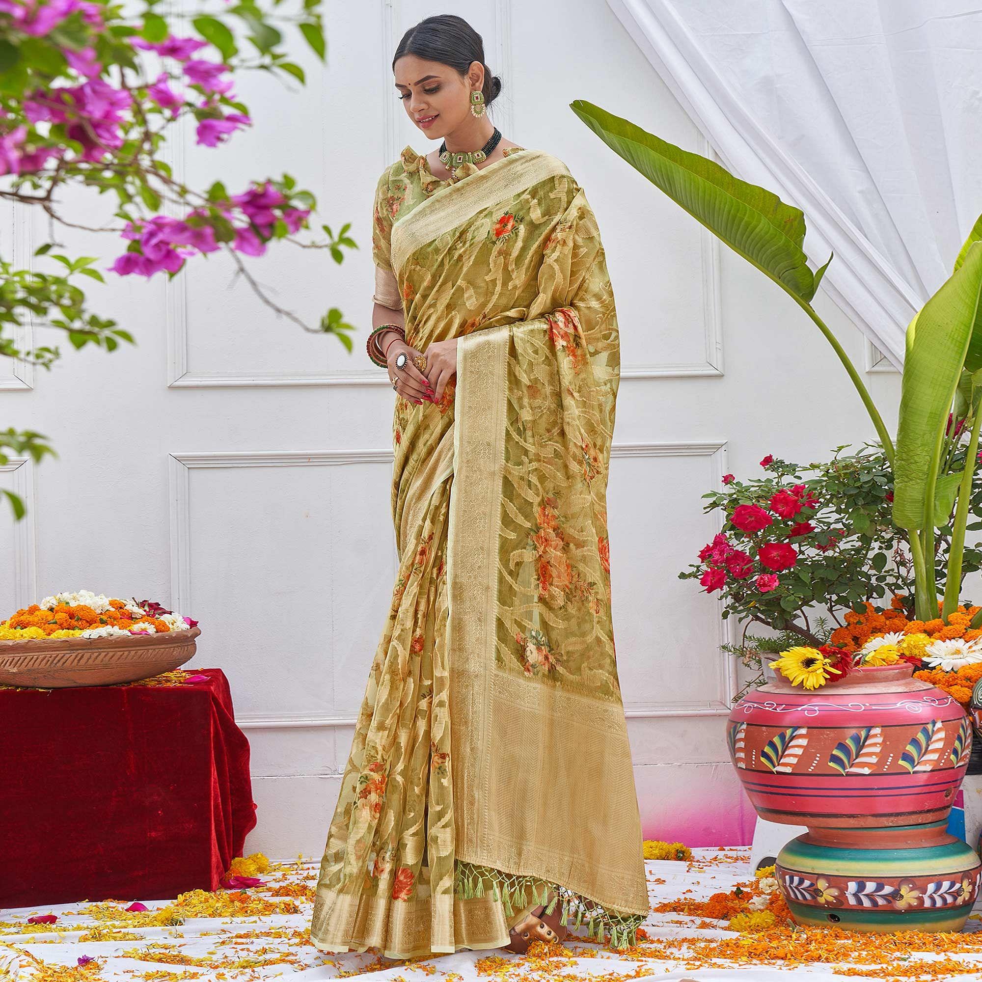 Green Woven With Printed Organza Saree - Peachmode