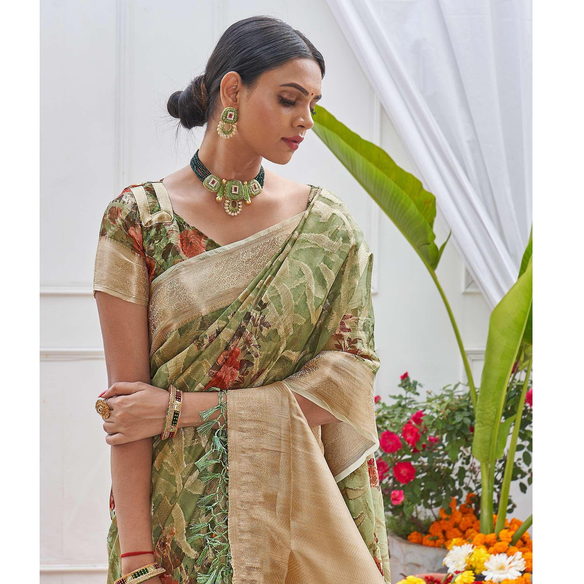 Green Woven With Printed Organza Saree - Peachmode