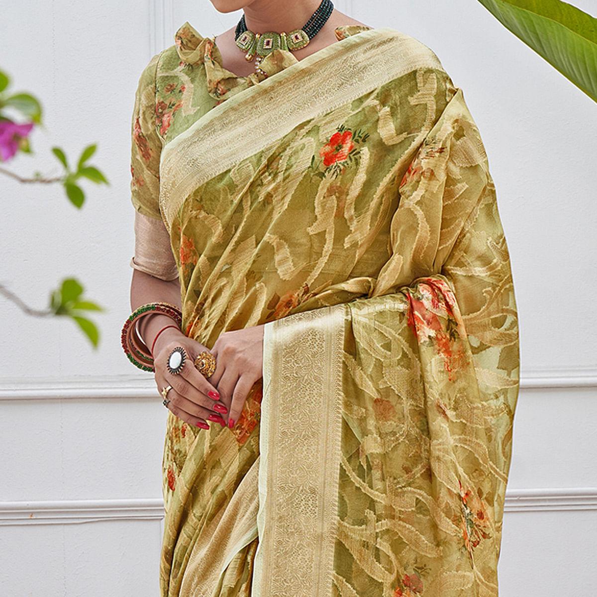 Green Woven With Printed Organza Saree - Peachmode