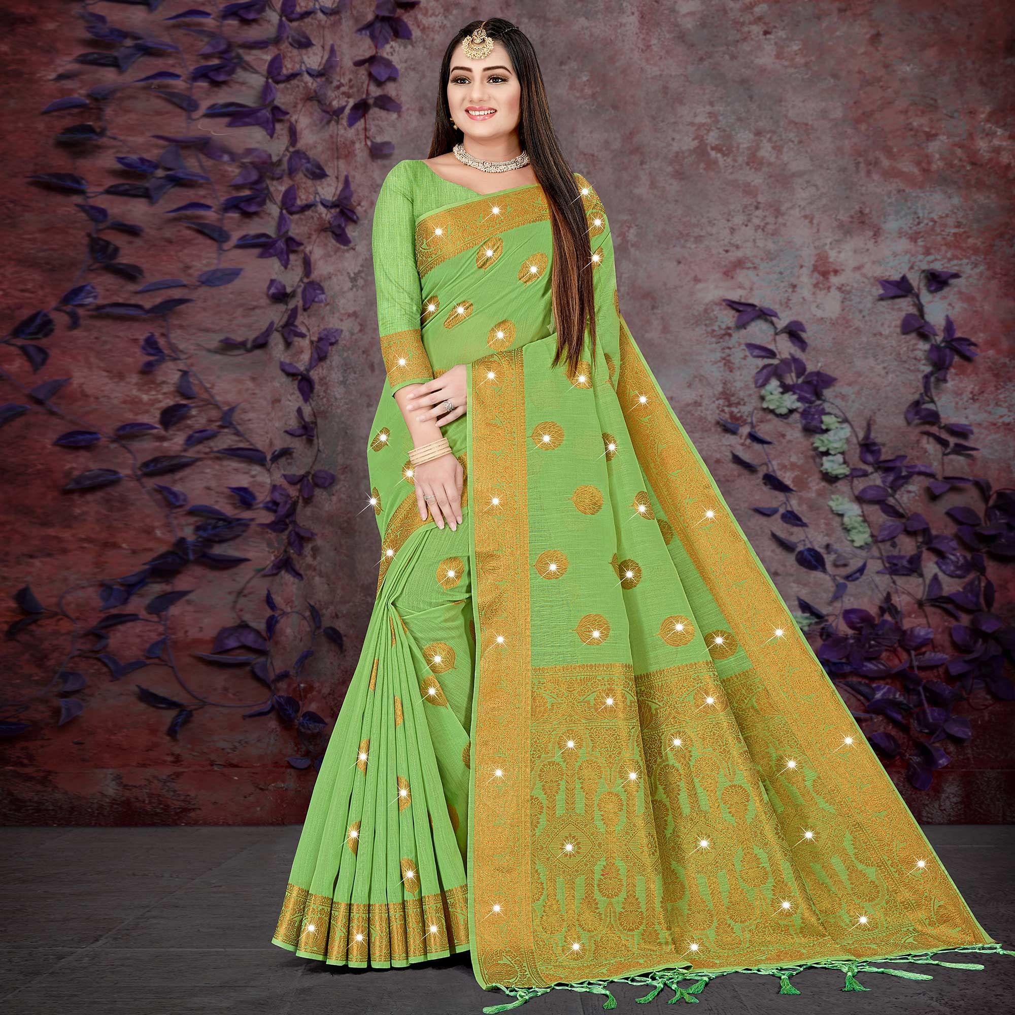 Green Woven With Swarovski Cotton Silk Saree - Peachmode