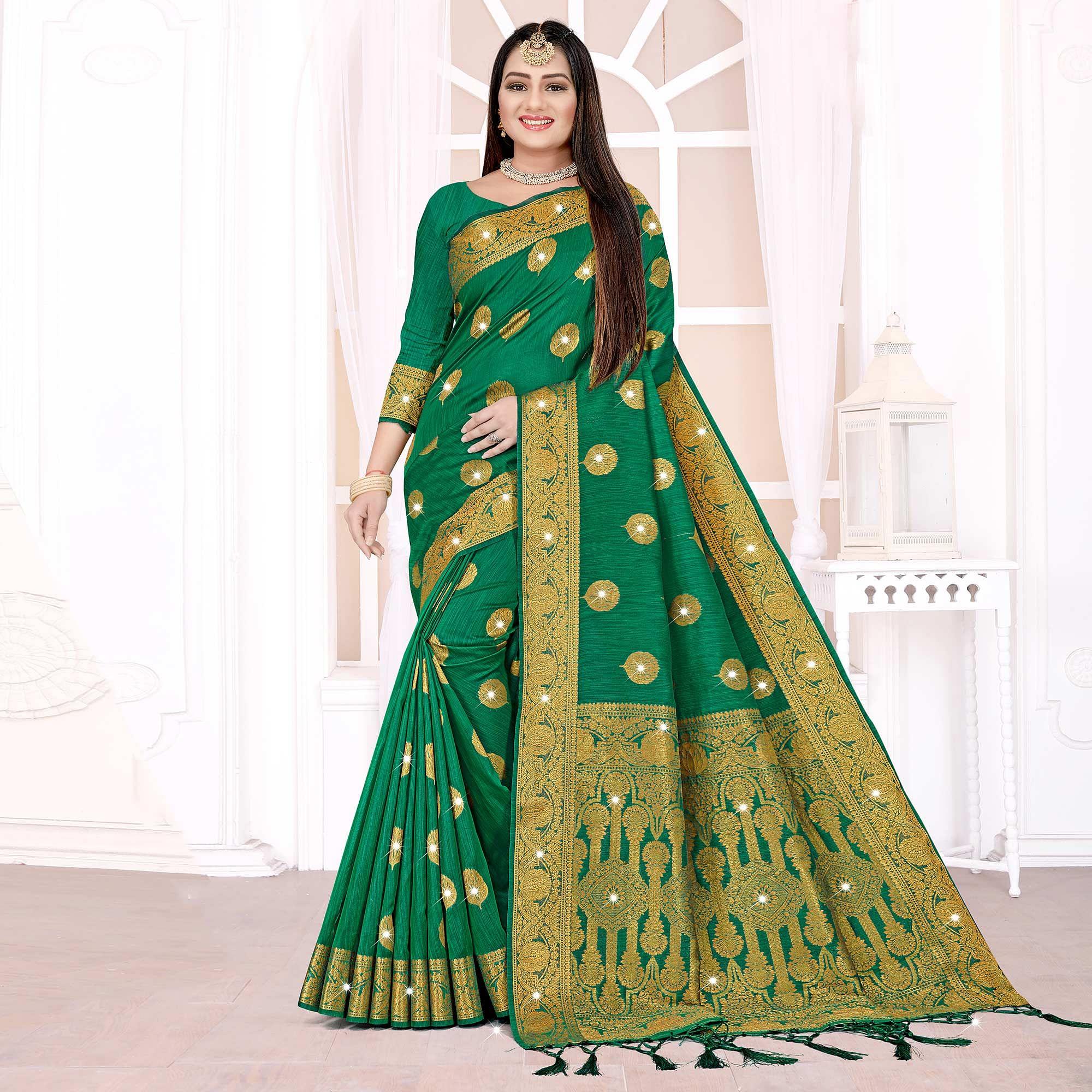 Green Woven With Swarovski Cotton Silk Saree - Peachmode
