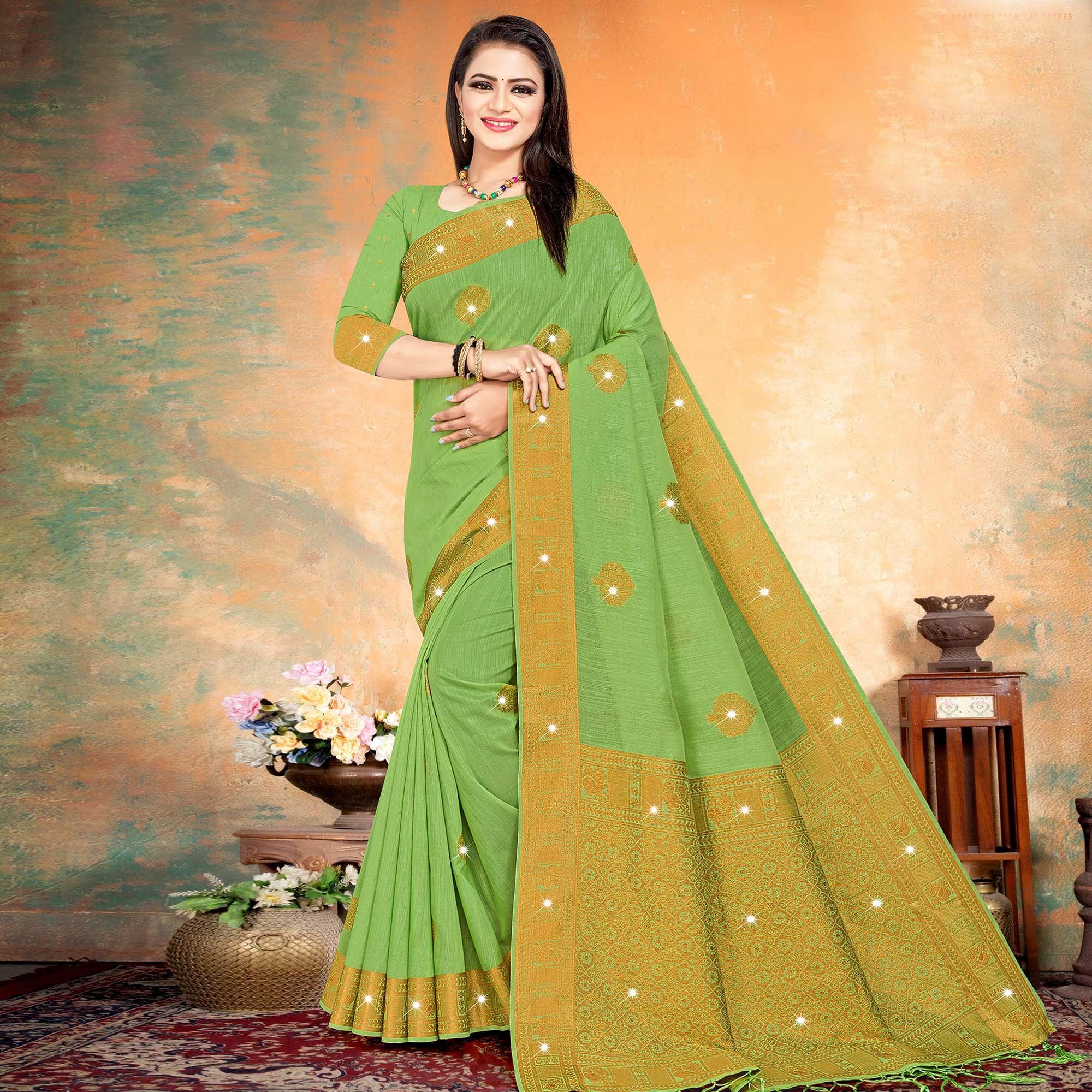 Green Woven With Swarovski Cotton Silk Saree - Peachmode