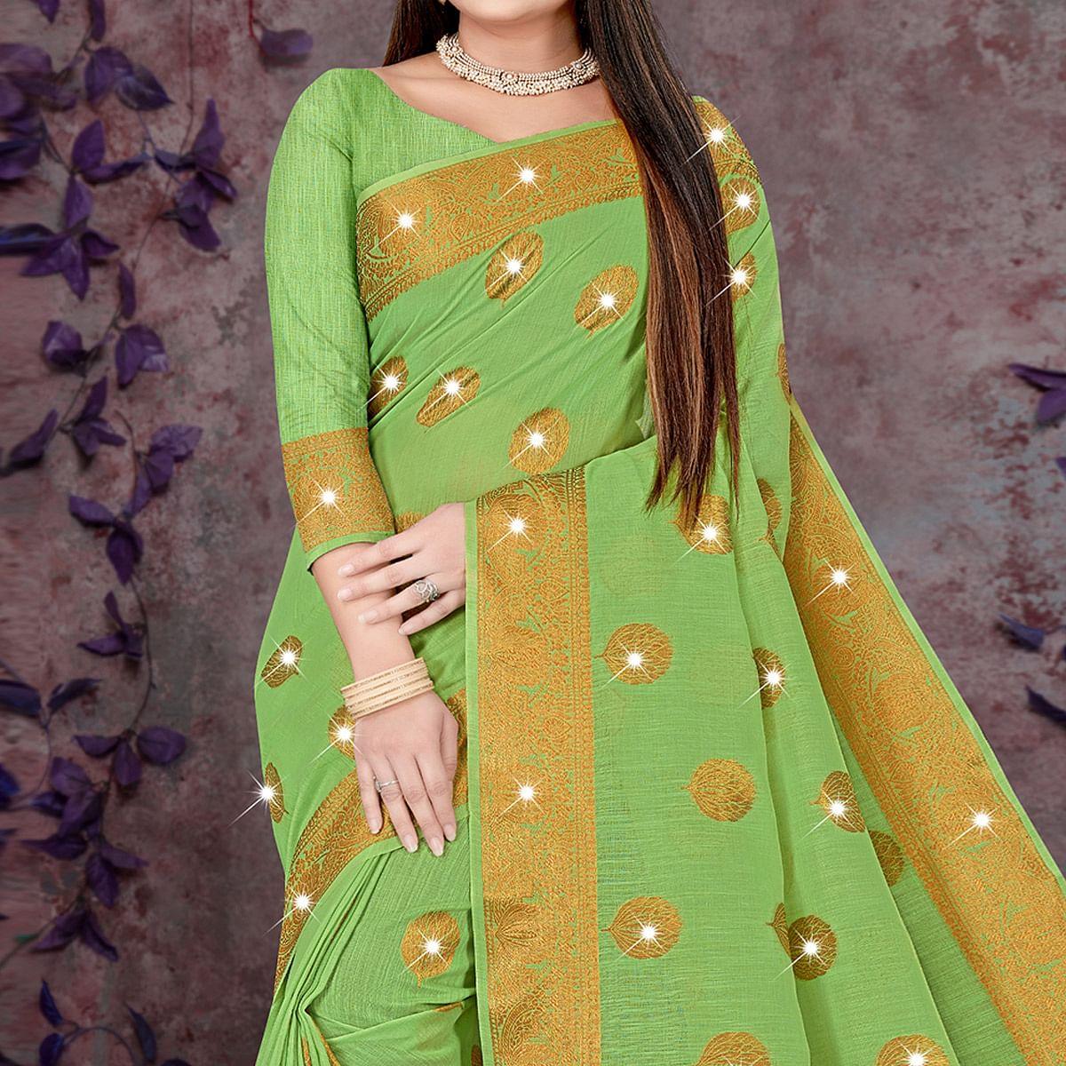 Green Woven With Swarovski Cotton Silk Saree - Peachmode