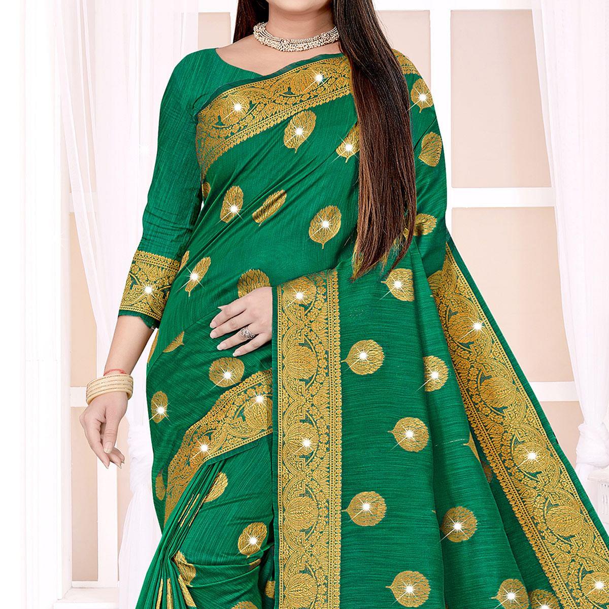 Green Woven With Swarovski Cotton Silk Saree - Peachmode