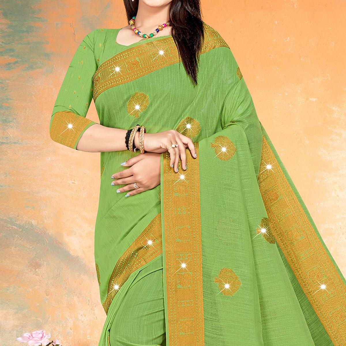 Green Woven With Swarovski Cotton Silk Saree - Peachmode