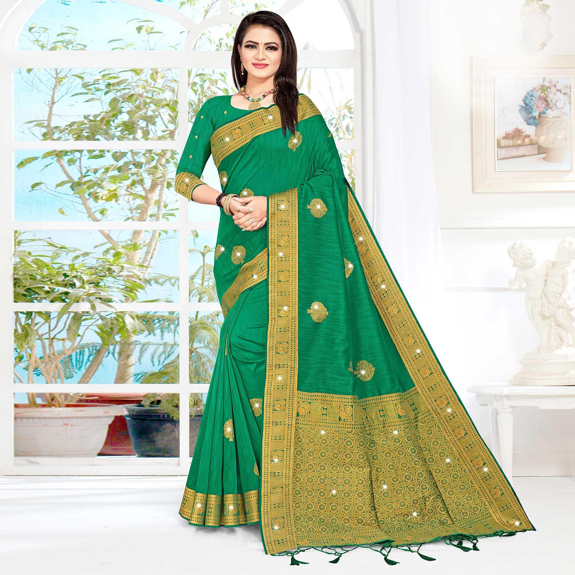 Green Woven With Swarovski Cotton Silk Saree With Tassels - Peachmode