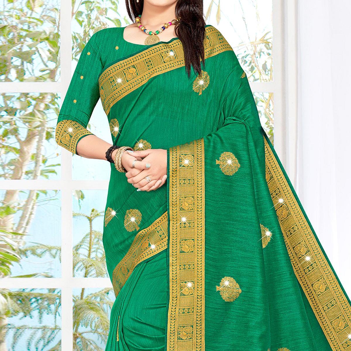 Green Woven With Swarovski Cotton Silk Saree With Tassels - Peachmode
