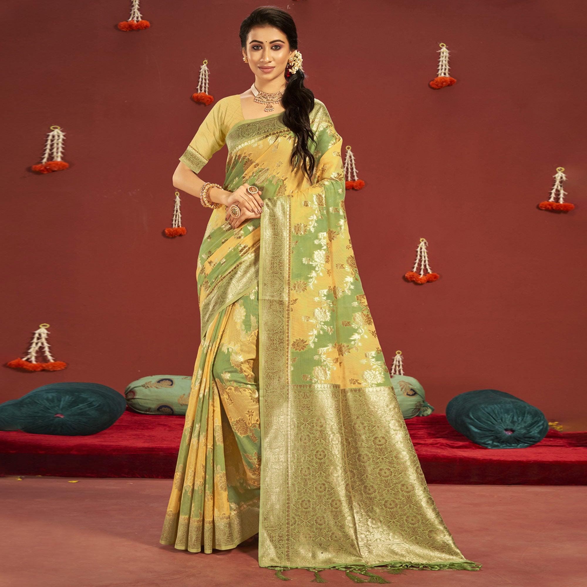 Green-Yellow Woven Art Silk Saree - Peachmode