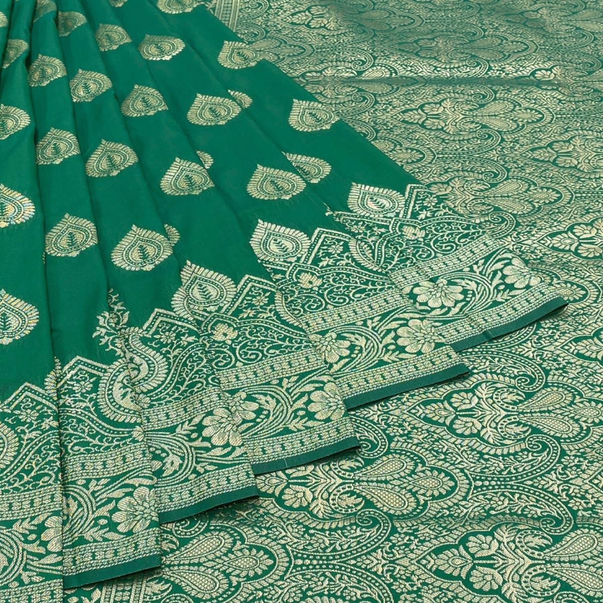 Green Zari Woven Art Silk Saree - Peachmode