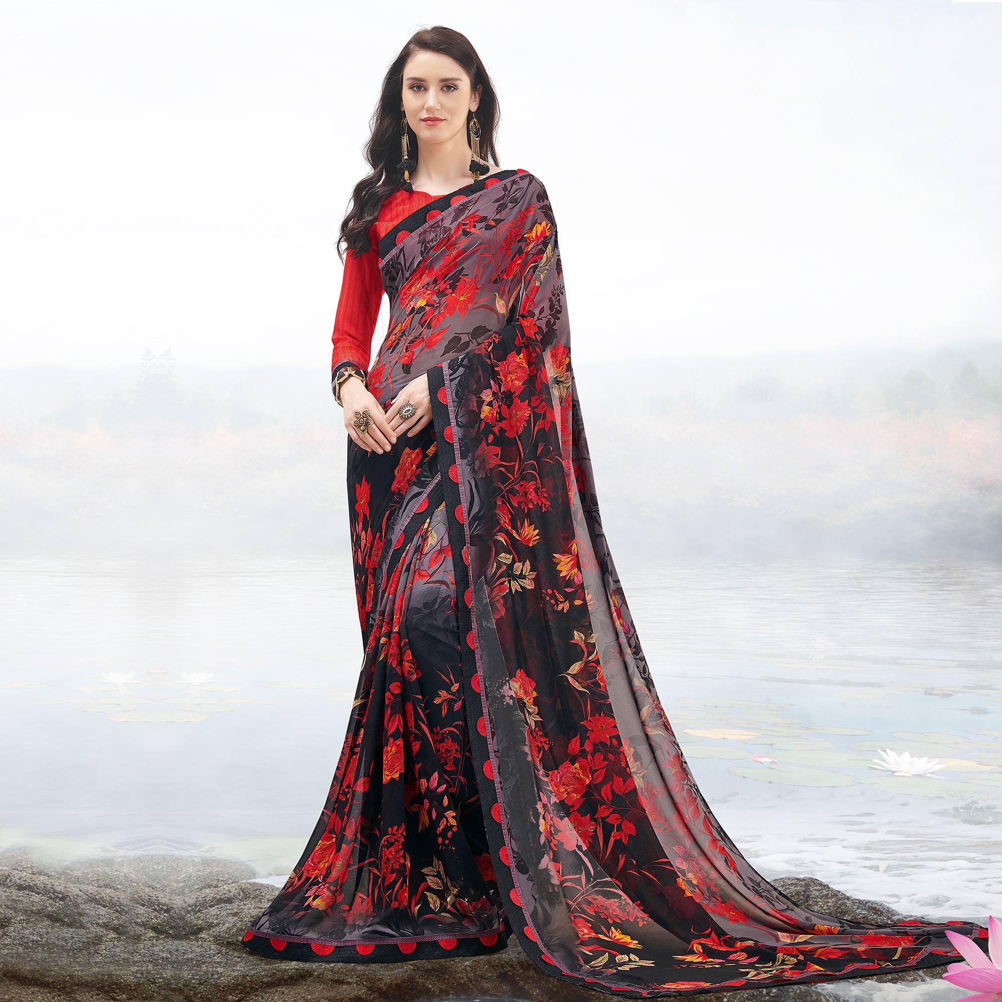 Grey & Black Casual Wear Floral Printed Georgette Saree - Peachmode