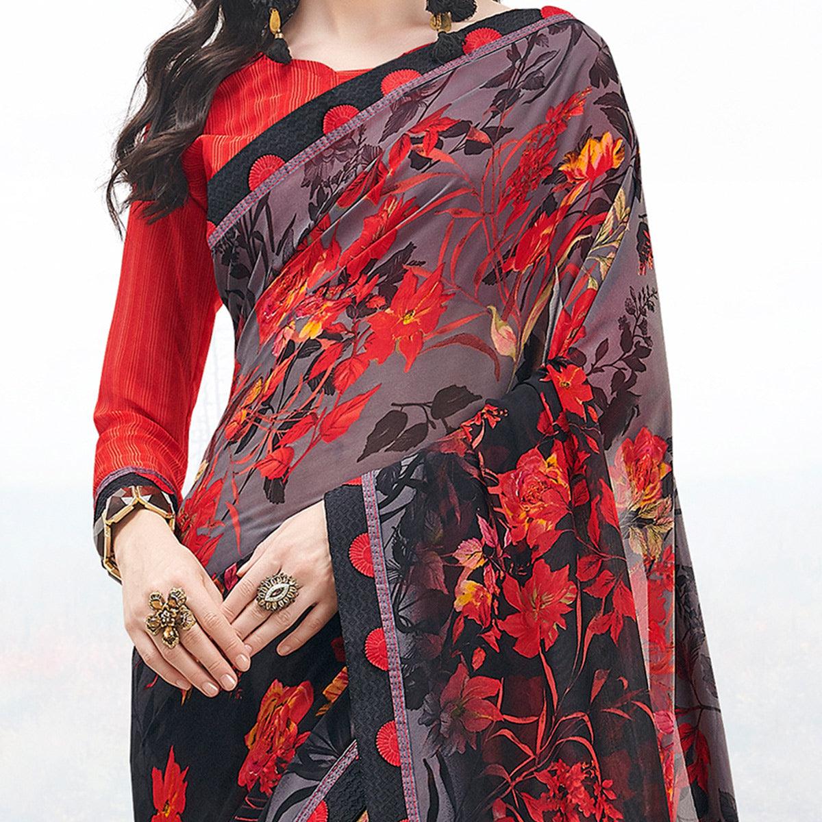 Grey & Black Casual Wear Floral Printed Georgette Saree - Peachmode