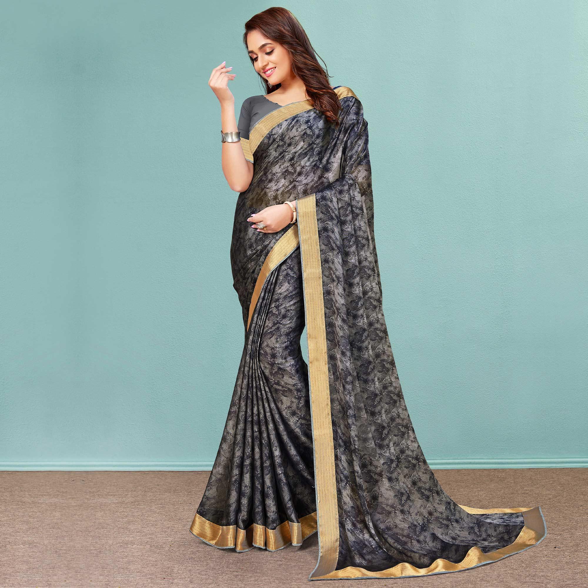 Grey & Black Casual Wear Printed Chiffon Saree With Banarasi Lace - Peachmode