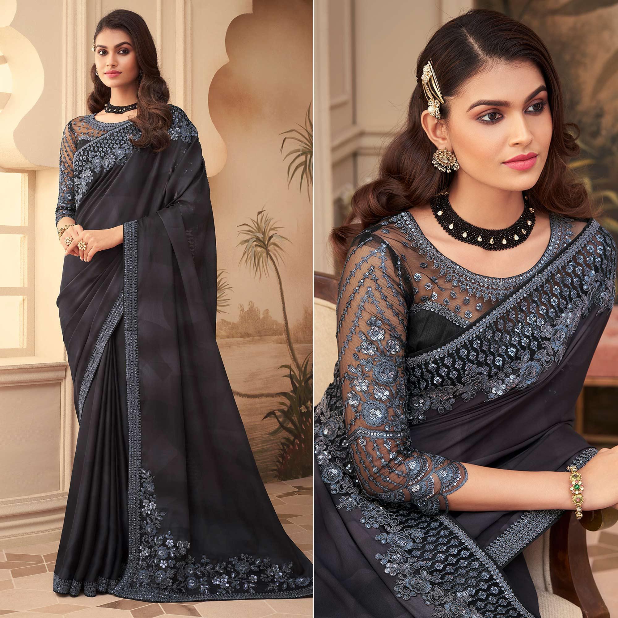 Grey & Black Floral Sequence Embroidered Art Silk Saree - Peachmode