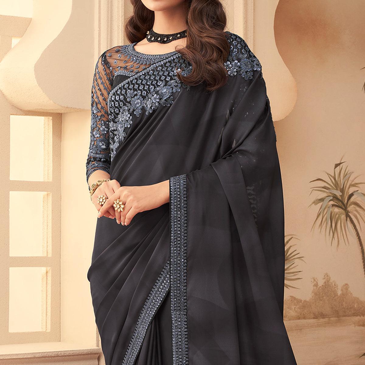 Grey & Black Floral Sequence Embroidered Art Silk Saree - Peachmode