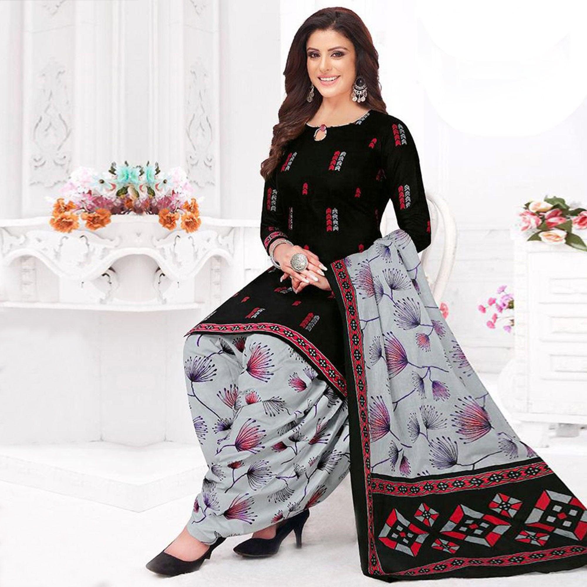 Grey And Black Patiala Crepe Dress Material Pack Of 2 - Peachmode