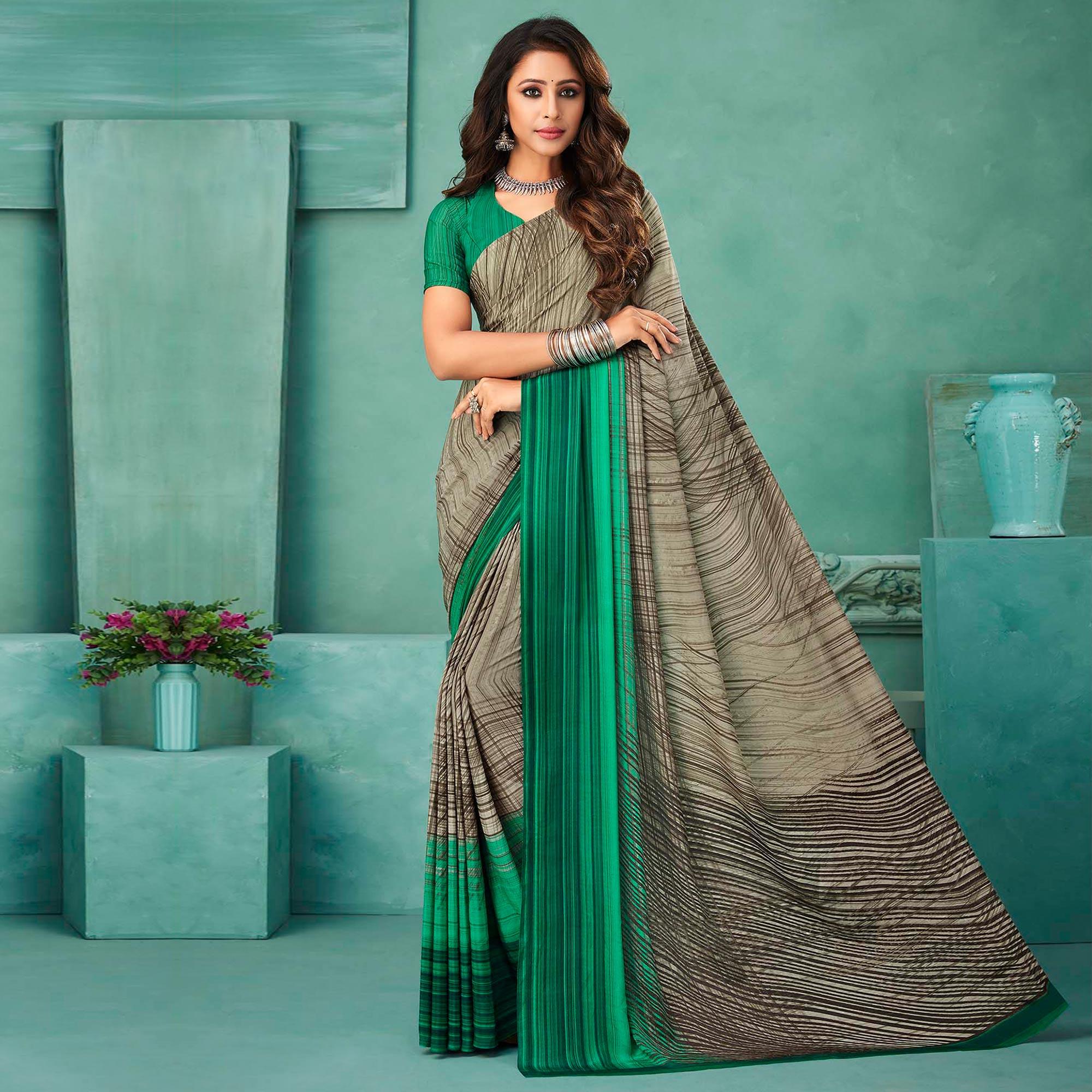 Grey & Green Printed Crepe Saree - Peachmode